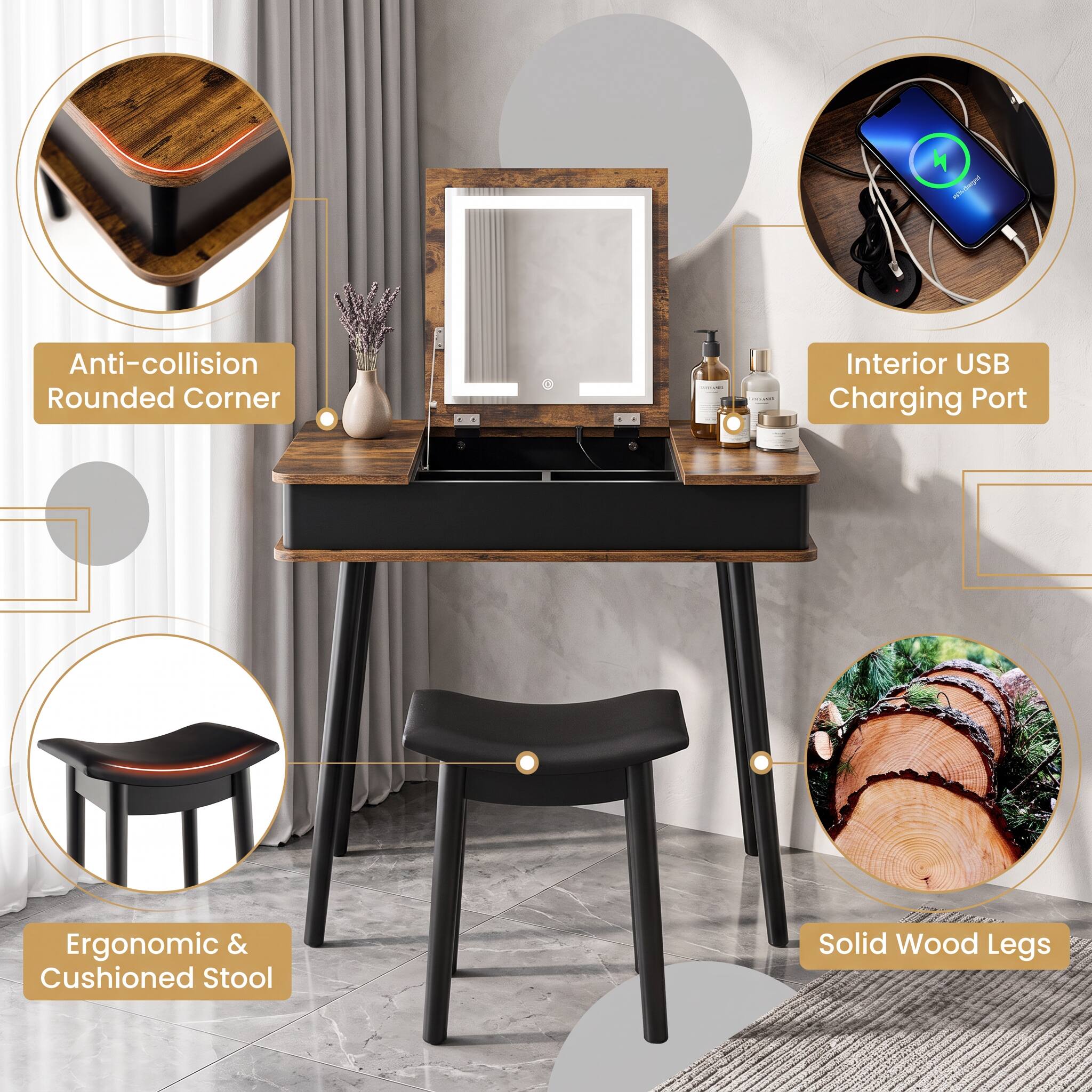Anti-collision Rounded Corner

Interior USB Charging Port

Ergonomic & Cushioned Stool

Solid Wood Legs