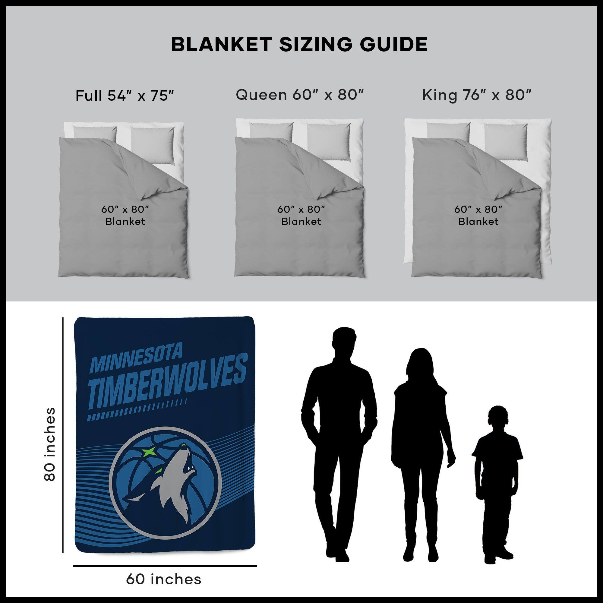 BLANKET SIZING GUIDE

Full 54" x 75"  
Queen 60" x 80"  
King 76" x 80"  

60" x 80" Blanket  
60" x 80" Blanket  
60" x 80" Blanket  

MINNESOTA TIMBERWOLVES  

80 inches  
60 inches