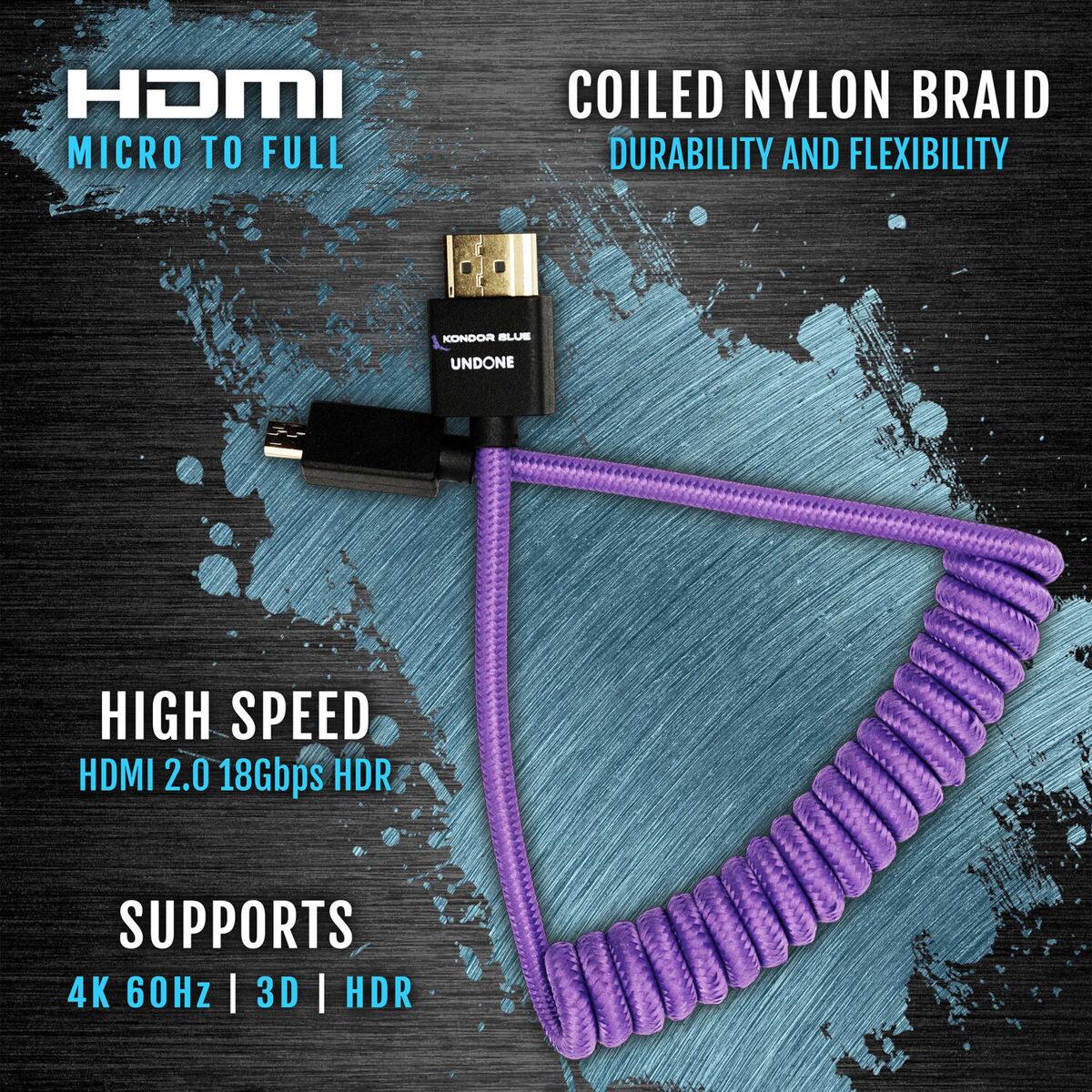 HDMI MICRO TO FULL COILED NYLON BRAID DURABILITY AND FLEXIBILITY KONDOR BLUE UNDONE HIGH SPEED HDMI 2.0 18Gbps HDR SUPPORTS 4K 60Hz I 3D I HDR