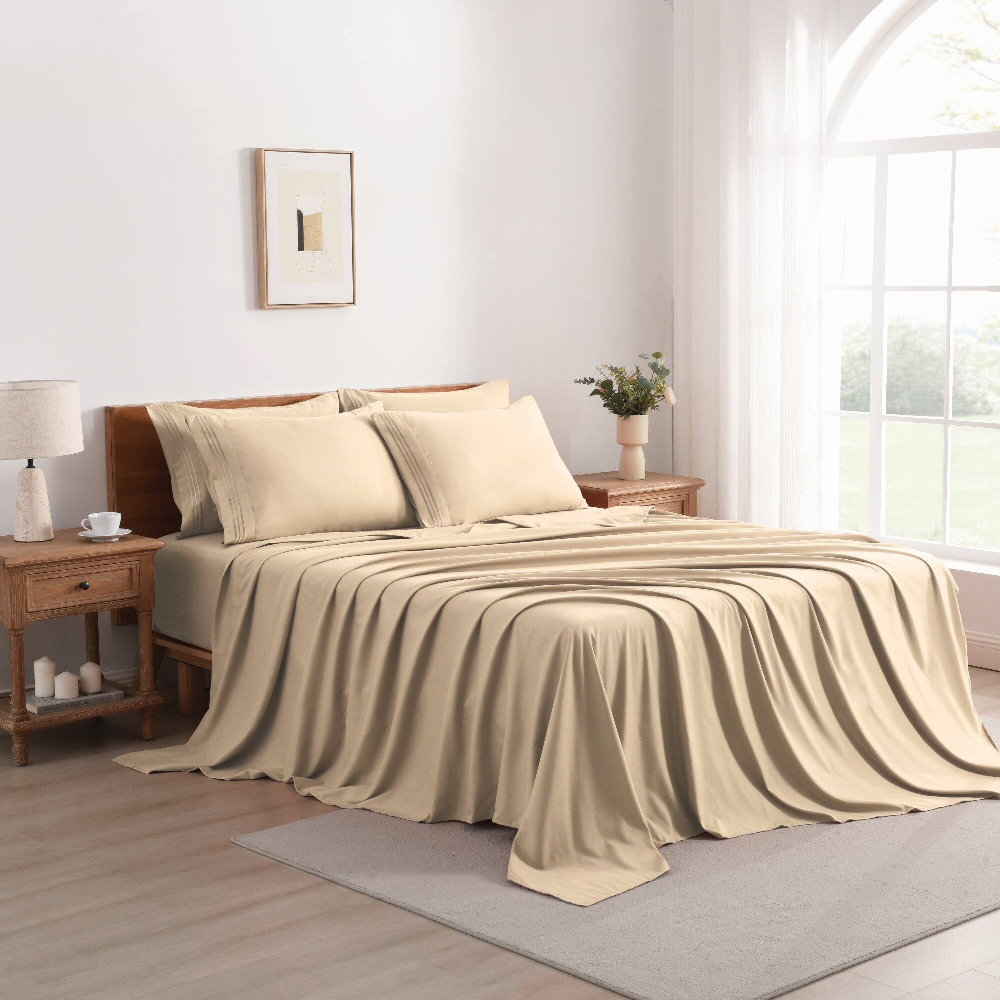 Left. MarCielo - Marcielo 4/6 Pcs Soft Solid & Embroidery Bed Sheets Set - Beige.