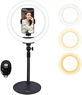 Schertz - 10" Desktop Selfie Ring Light with Stand & Phone Holder, 3 Dimmable LED Modes, Remote Shutter for iPhone & Android