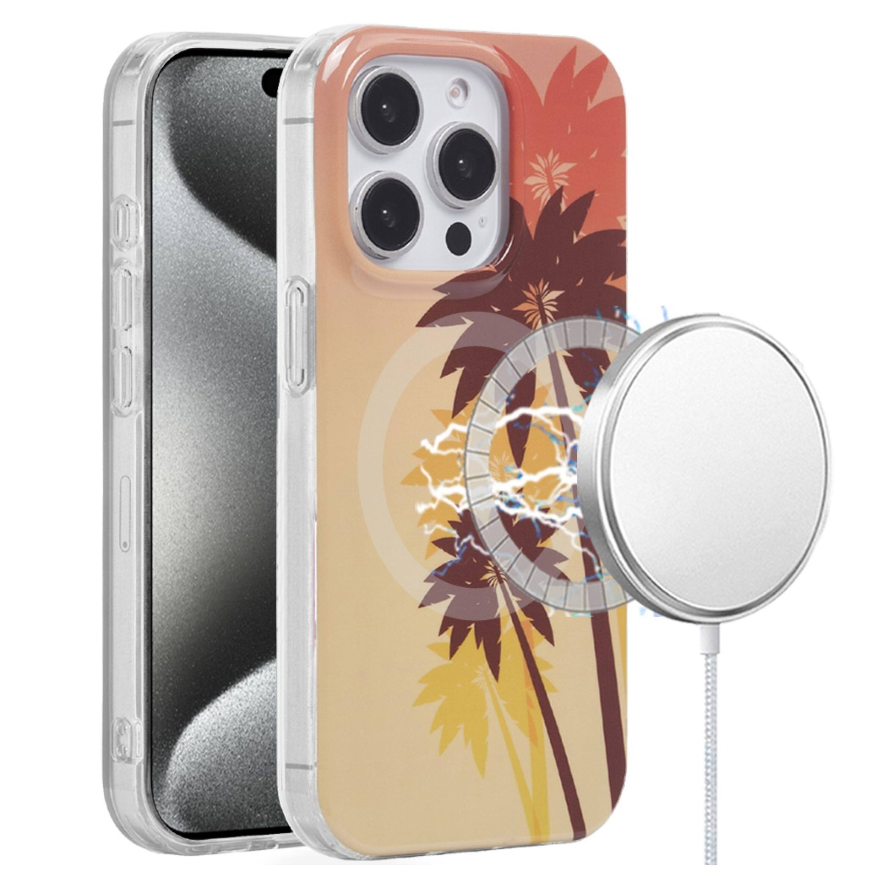 Front. Kitcheniva - Coconut Palm Design Dual Layer TPU Magnetic Circle Phone Case With 2 Pcs Tempered Glass For iPhone 15 Pro Max - Multicolor.