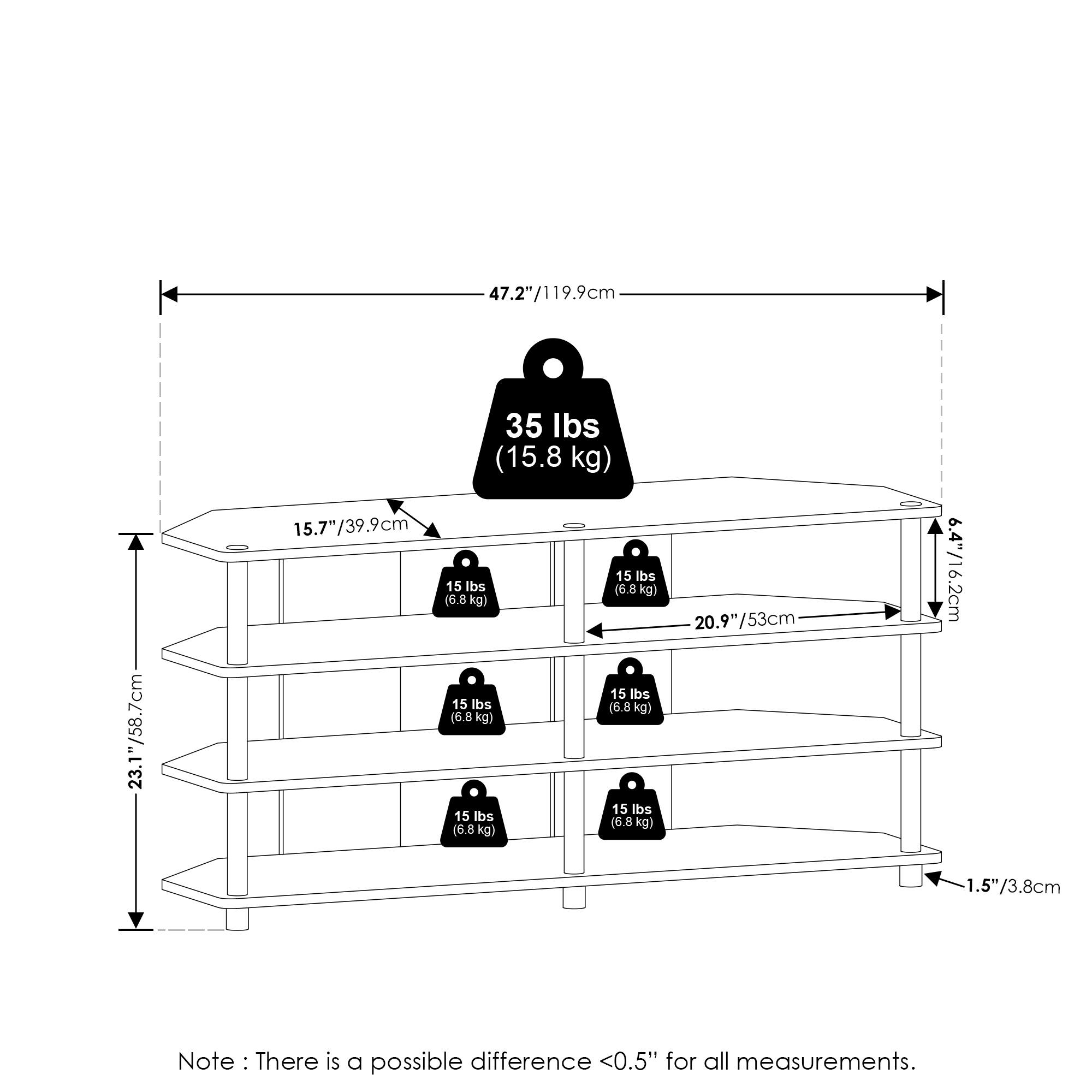 47.2"/119.9cm  
23.1"/58.7cm  
35 lbs (15.8 kg)  
15.7"/39.9cm  
15 lbs (6.8 kg)  
20.9"/53cm  
6.4"/16.2cm  
1.5"/3.8cm  
23.1"/58.7cm  
17.3"/43.9cm  
6.2"/15.7cm  
Note: There is a possible difference <0.5" for all measurements.