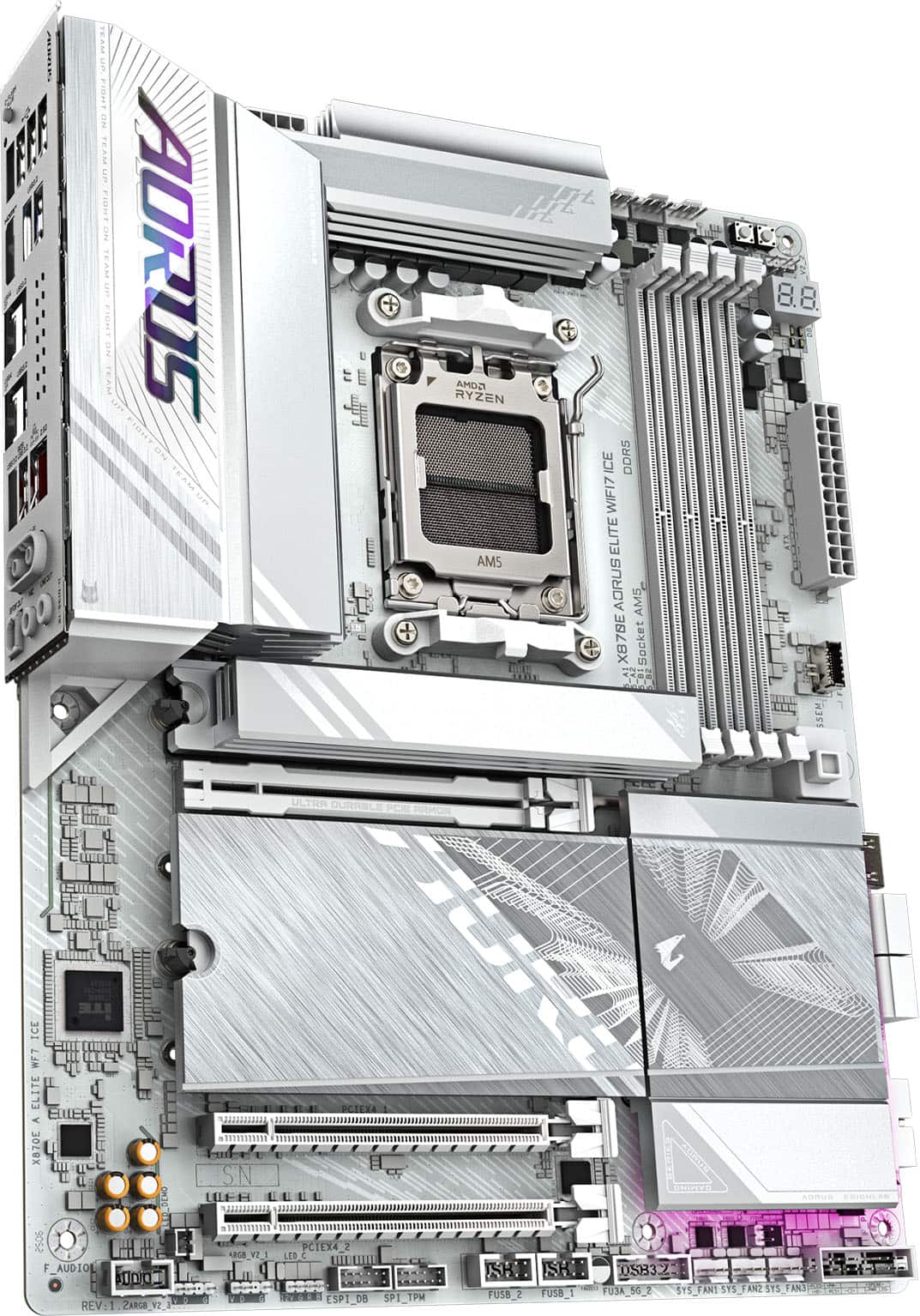 Aorus is the brand of the computer motherboard shown in the image. The motherboard is designed for AMD Ryzen AM5 processors and features a Socket D-A1. The motherboard also has a PCIe 4.0 x16 slot, which is an advanced version of the PCIe 4.0 slot. The motherboard is part of the Aorus Elite series, which is known for its high-quality components and performance. The image showcases the back of the motherboard, highlighting its features and design.