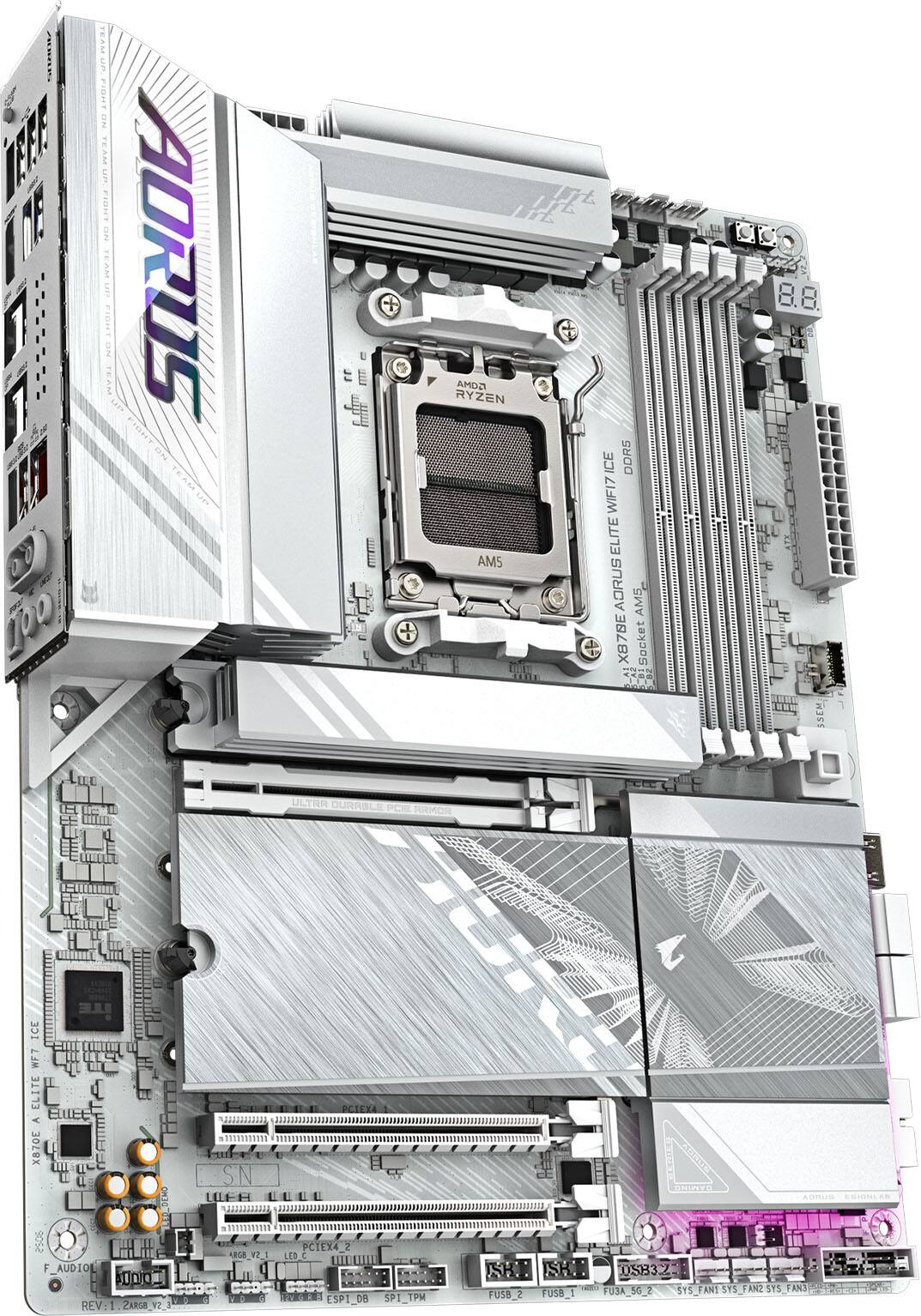 Aorus is the brand of the computer motherboard shown in the image. The motherboard is designed for AMD Ryzen AM5 processors and features a Socket D-A1. The motherboard also has a PCIe 4.0 x16 slot, which is an advanced version of the PCIe 4.0 slot. The motherboard is part of the Aorus Elite series, which is known for its high-quality components and performance. The image showcases the back of the motherboard, highlighting its features and design.