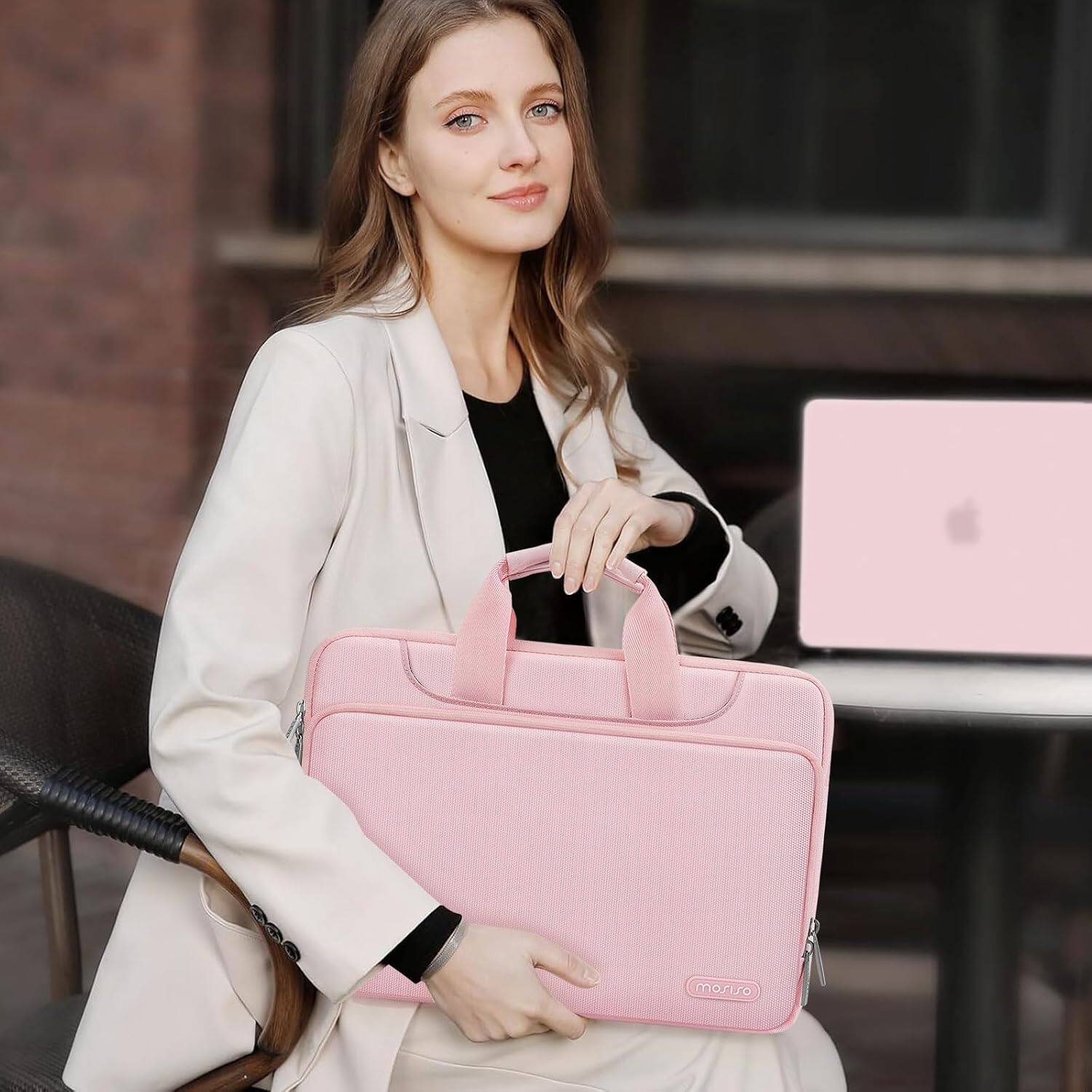 Alt View 3. mosiso - 360 Protective Laptop Bag 13.3 inch, Computer Carrying Case with Shoulder Strap for MacBook Air Pro 13 14 HP Dell - Pink.