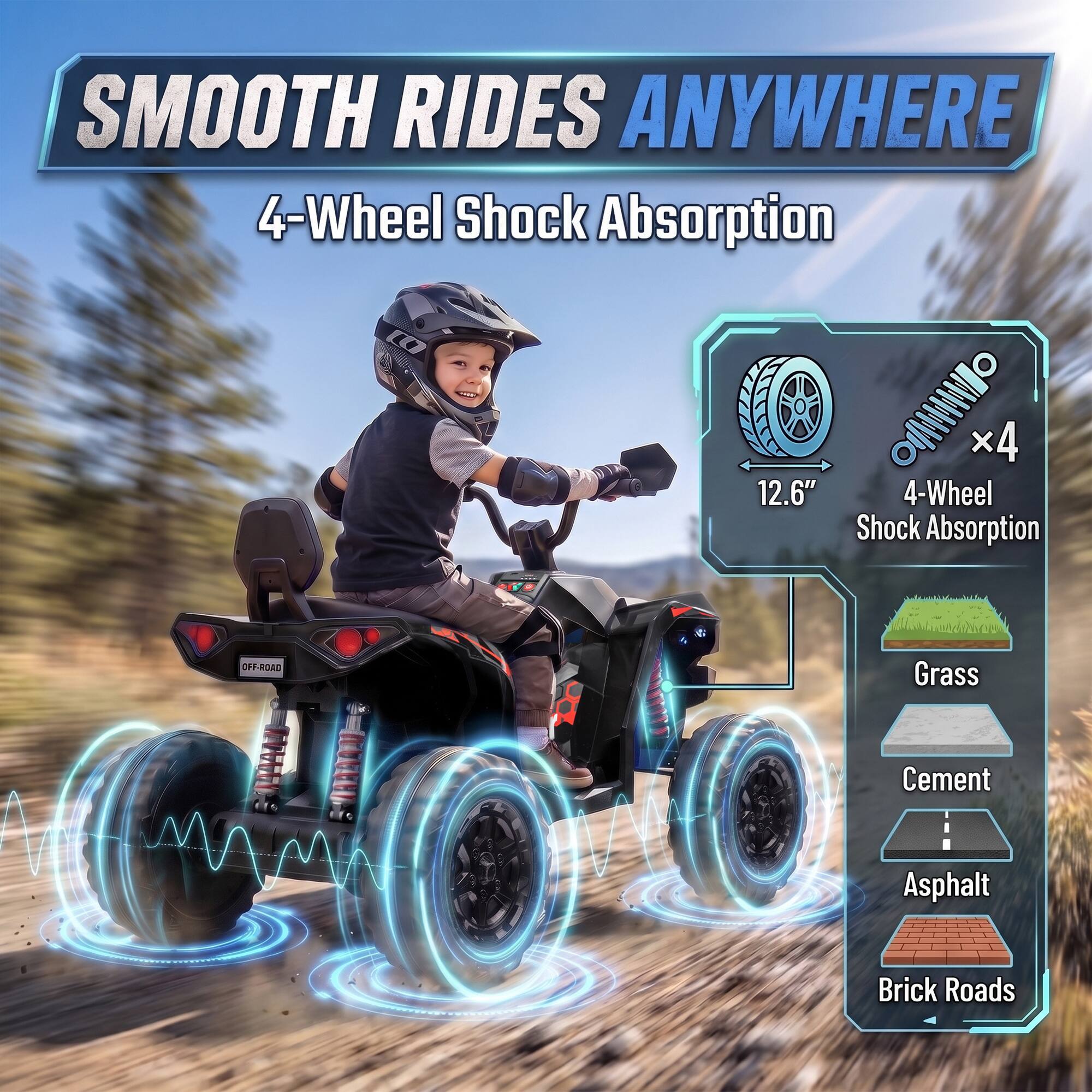 SMOOTH RIDES ANYWHERE  
4-Wheel Shock Absorption  
12.6" / 4-Wheel x4 Shock Absorption  
OFF-ROAD  
Grass  
Cement  
Asphalt  
Brick Roads