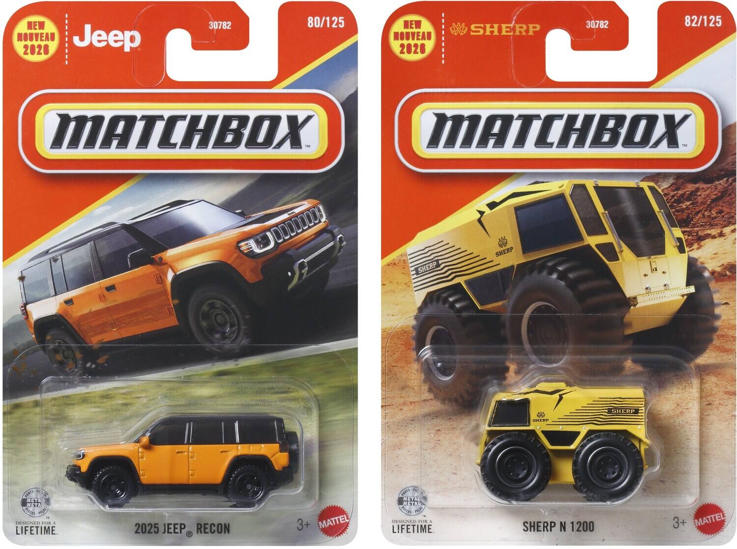 NEW NOUVEAU Jeep 2020 30782 80/125  
NEW NOUVEAU 2020 SHERP 30782 82/125  
MATCHBOX MATCHBOX - ODDDOO SHERP SHERP 40 SHERF SHERP  
NRT META HA ArD HL I DESONED POR A LIFETIME 2025 JEEP RECON  
3+ MATTEL A CAR METAL NETAL N PEOP DSGND FOR a LIFETIME SHERP N 1200 3+ MATTEL