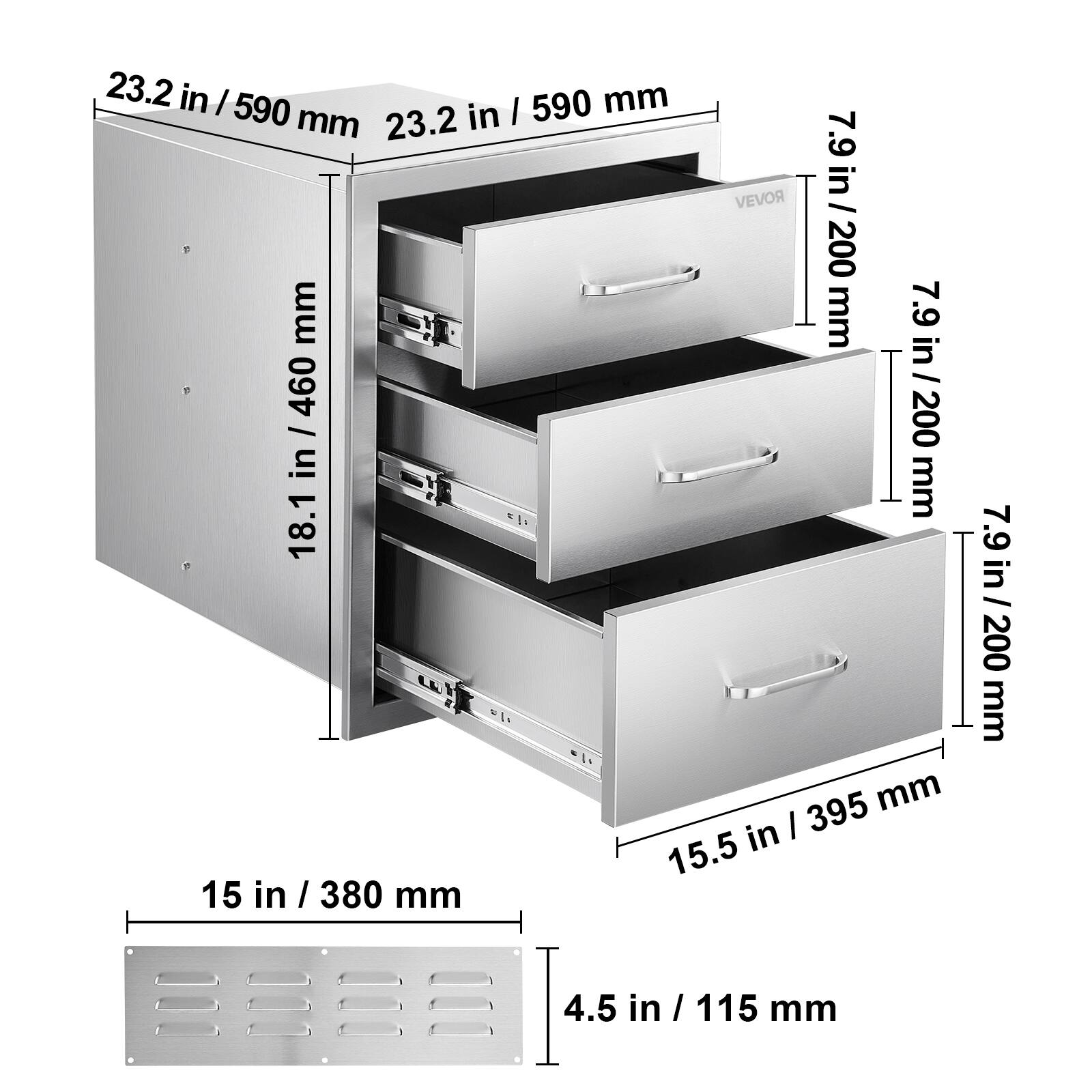 23.2 in / 590 mm  
23.2 in / 590 mm  
18.1 in / 460 mm  
7.9 in / 200 mm  
7.9 in / 200 mm  
7.9 in / 200 mm  
15.5 in / 395 mm  
15 in / 380 mm  
4.5 in / 115 mm
