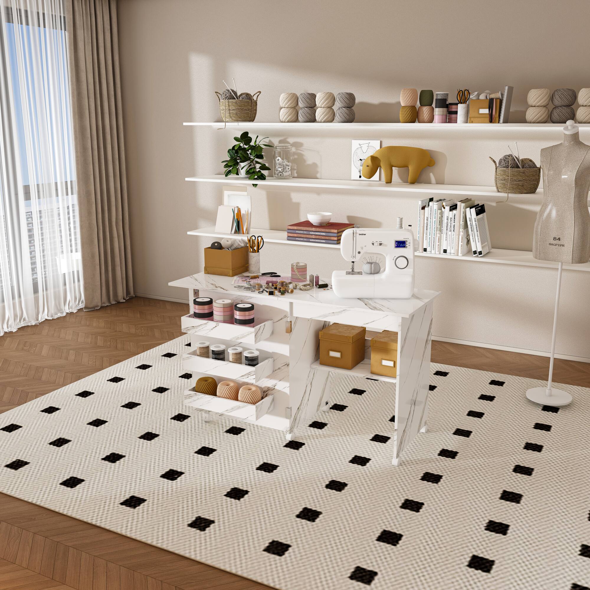 Alt View 7. GOODSILO - Versatile 4-in-1 Folding Craft Station with Wheels – Multi-Functional Worktable for Sewing, Storage, and Display - White.