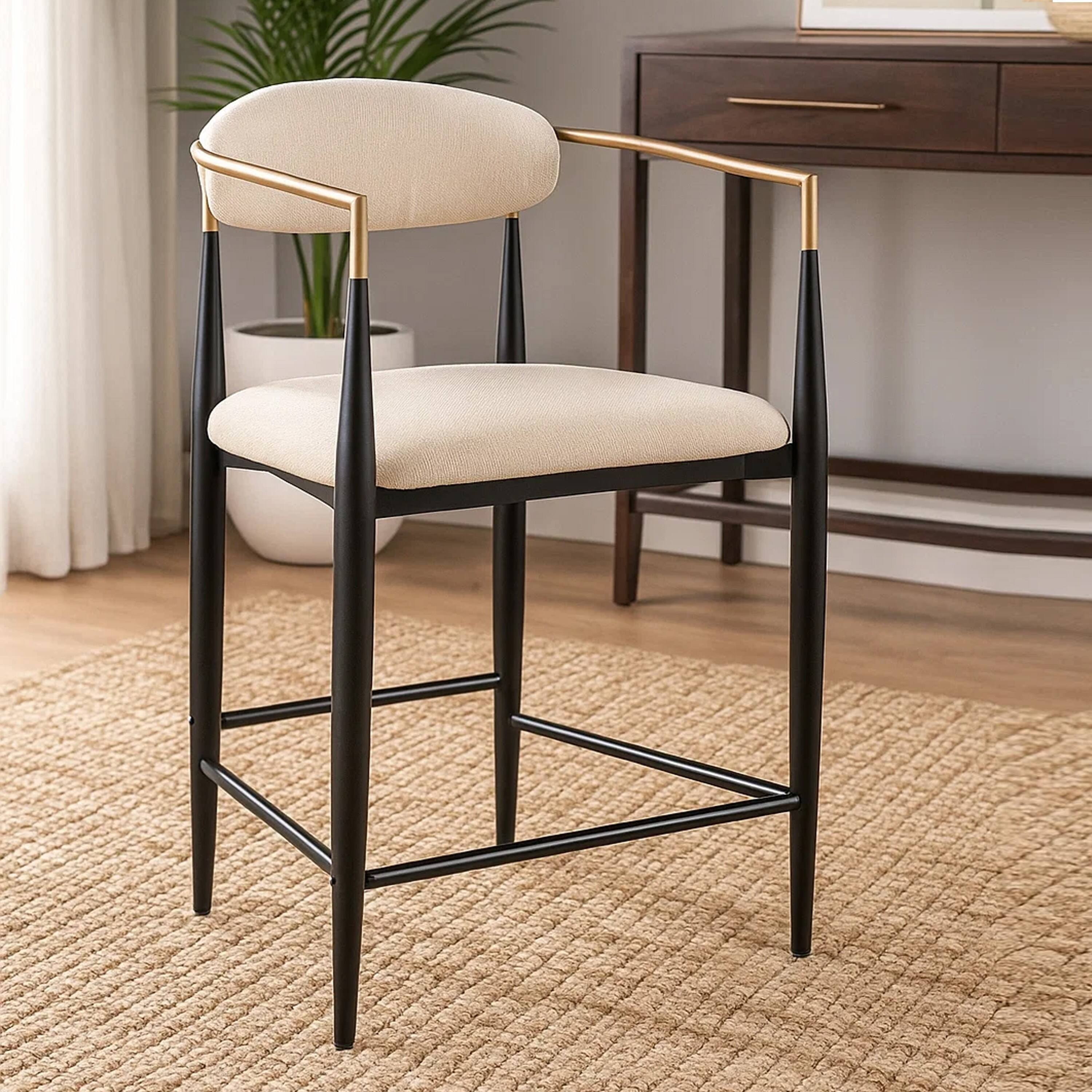 Alt View 5. Manhattan Lane - Tiara Counter Height Chair Set of 2, Beige Fabric, Black Metal 25 Inch - Beige, Gold, Black.