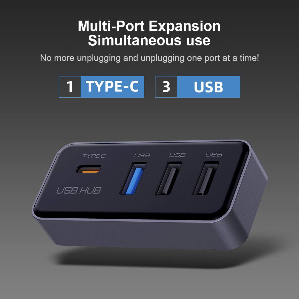 Multi-Port Expansion  
Simultaneous use  
No more unplugging and replugging one port at a time!  

1 TYPE-C  
3 USB  

USB HUB