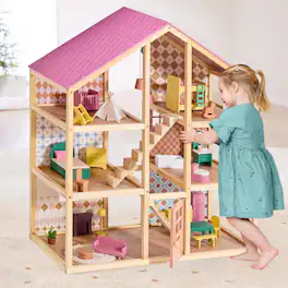 Tiny Land - 3-Story Wooden Dollhouse with 6 Rooms, 31-Piece Furniture Set, Open-Back Design, Dolls Not Included - Dusty Pink