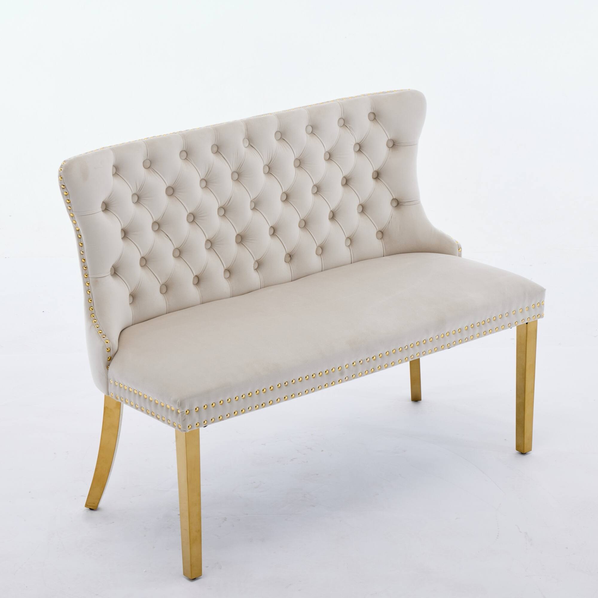 Alt View 1. GOODSILO - Velvet Tufted Double Seater Dining Bench with Gold Accent Legs for Kitchen and Dining Room Seating - Beige.