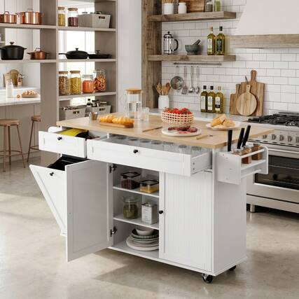 Front. Forest'nSky - 60" Kitchen Island Cart with Drop-Leaf Table, Drawer & Storage Cabinet - Rolling Utility Cart - White.
