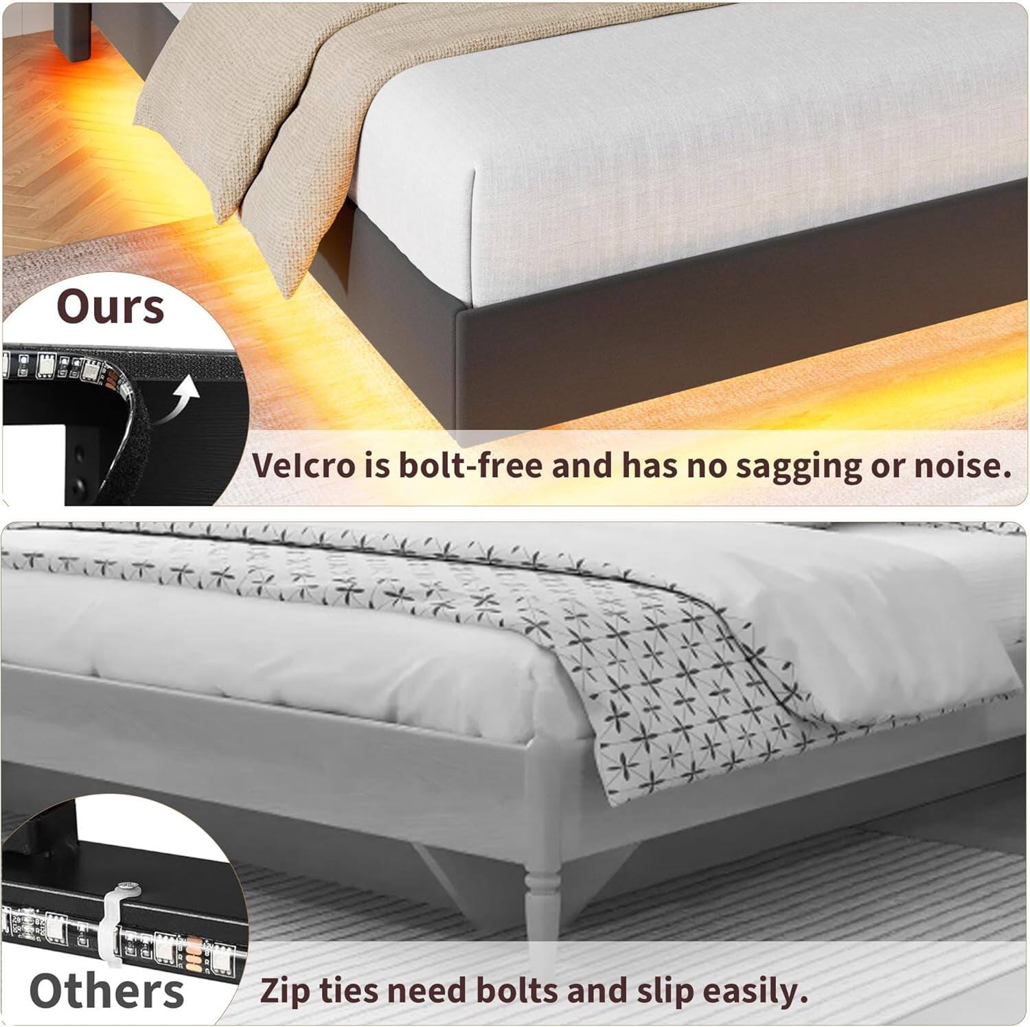 Ours  
Velcro is bolt-free and has no sagging or noise.

Others  
Zip ties need bolts and slip easily.