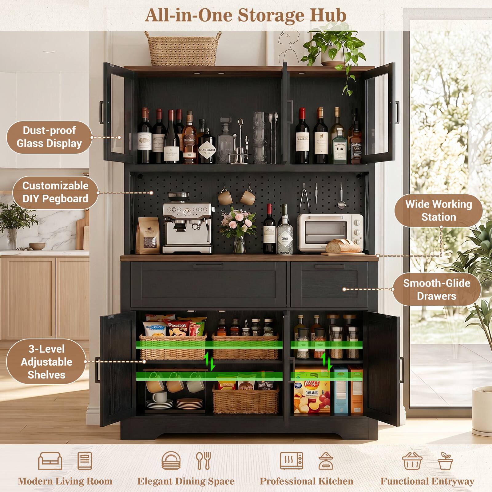 All-in-One Storage Hub Dust-proof Glass Display Customizable DIY Pegboard Wide Working Station Smooth-Glide Drawers 3-Level Adjustable Shelves Modern Living Room Elegant Dining Space Professional Kitchen Functional Entryway