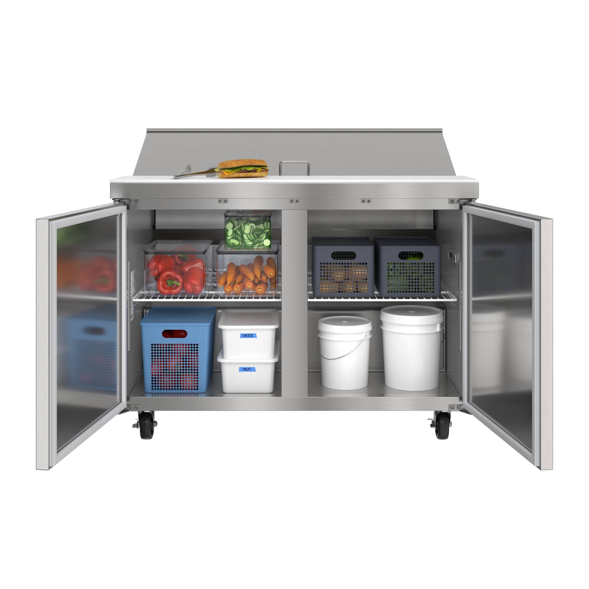 Angle. Koolmore - 46 in. Commercial 2-Door Refrigeratd Salad and Sandwich Prep Table, 12 Pan Capacity and 14 Cu. Ft. of Storage - Stainless steel.