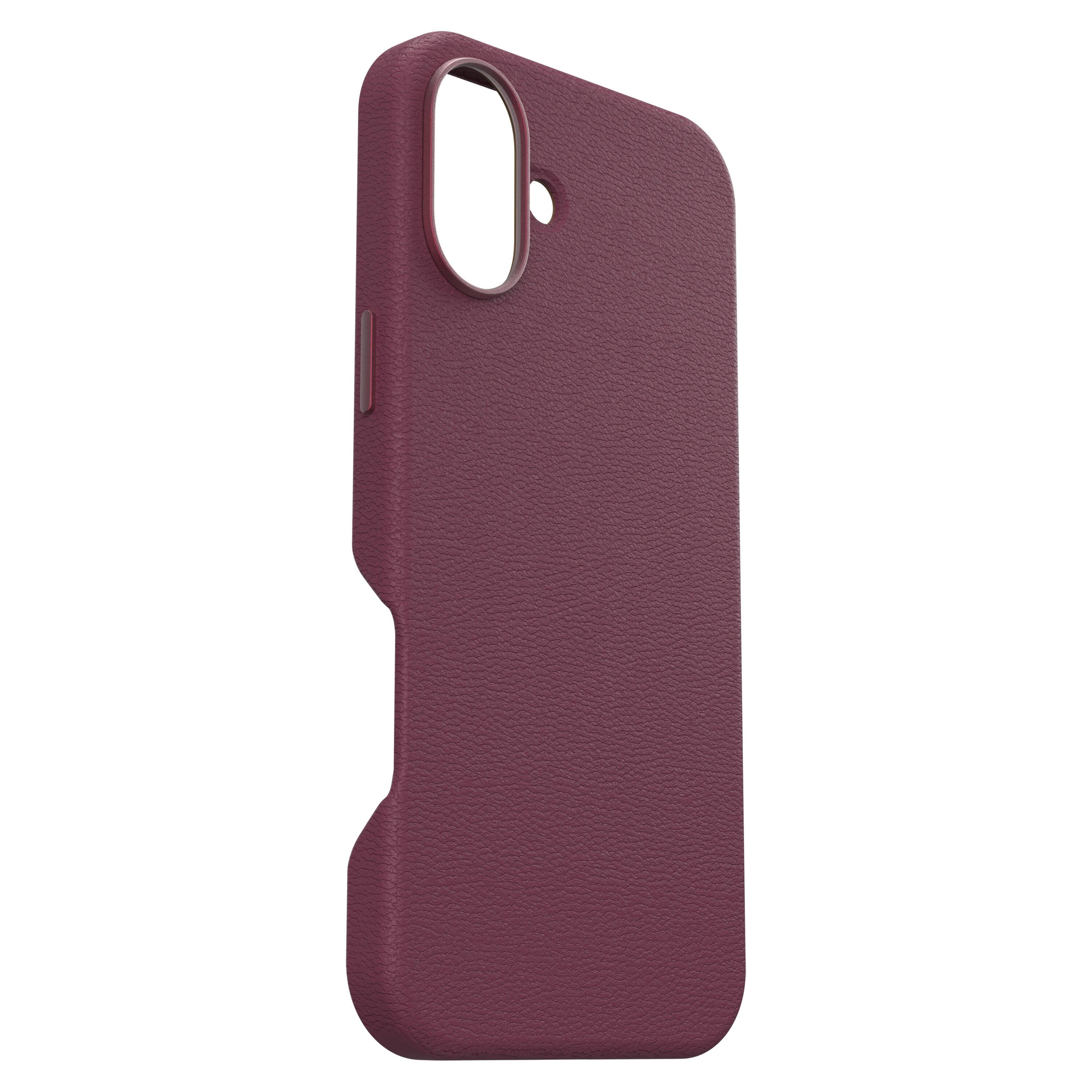 Left. OtterBox - Symmetry Cactus Leather Series Hard Shell for MagSafe for Apple iPhone 16 Plus - Maroon Bells.