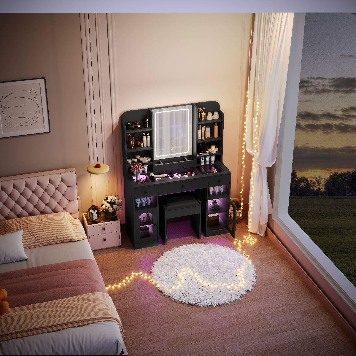 Alt View 8. Loheer - Loheer Vanity Desk with LED Mirror, RGB Glass Cabinets, Three Drawers, Storage Shelves and Stool, 43.2 Inch Black - Black.