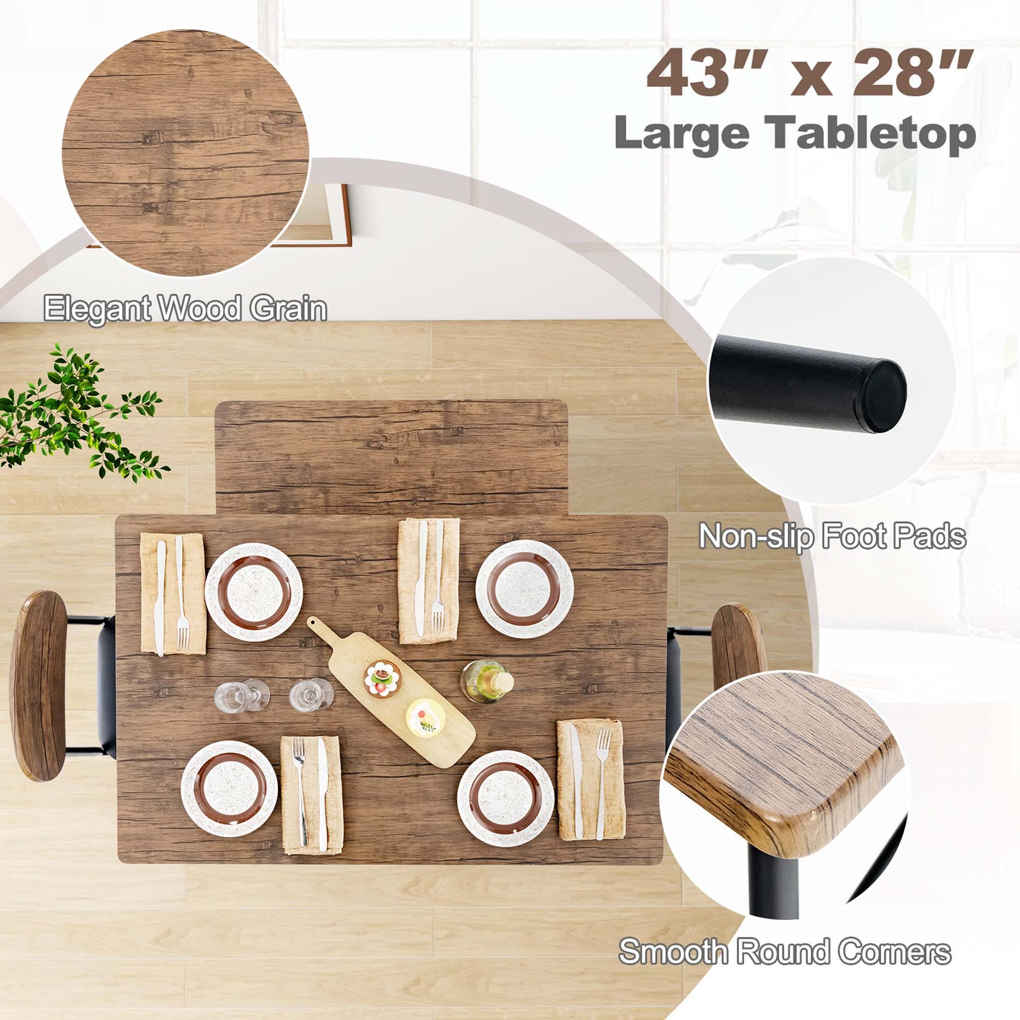 The text on the image is grouped as follows:

1. 43" X 28" Large Tabletop
2. Elegant Wood Grain
3. Non-slip Foot Pads
4. Smooth Round Corners
