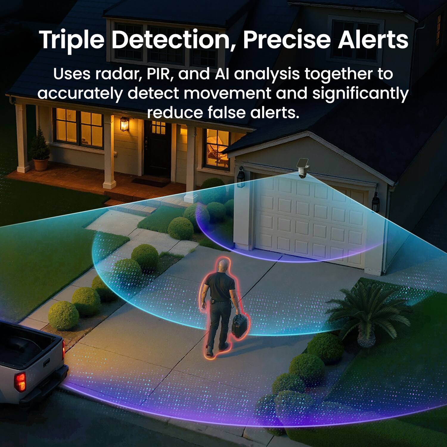 Triple Detection, Precise Alerts  
Uses radar, PIR, and AI analysis together to accurately detect movement and significantly reduce false alerts.