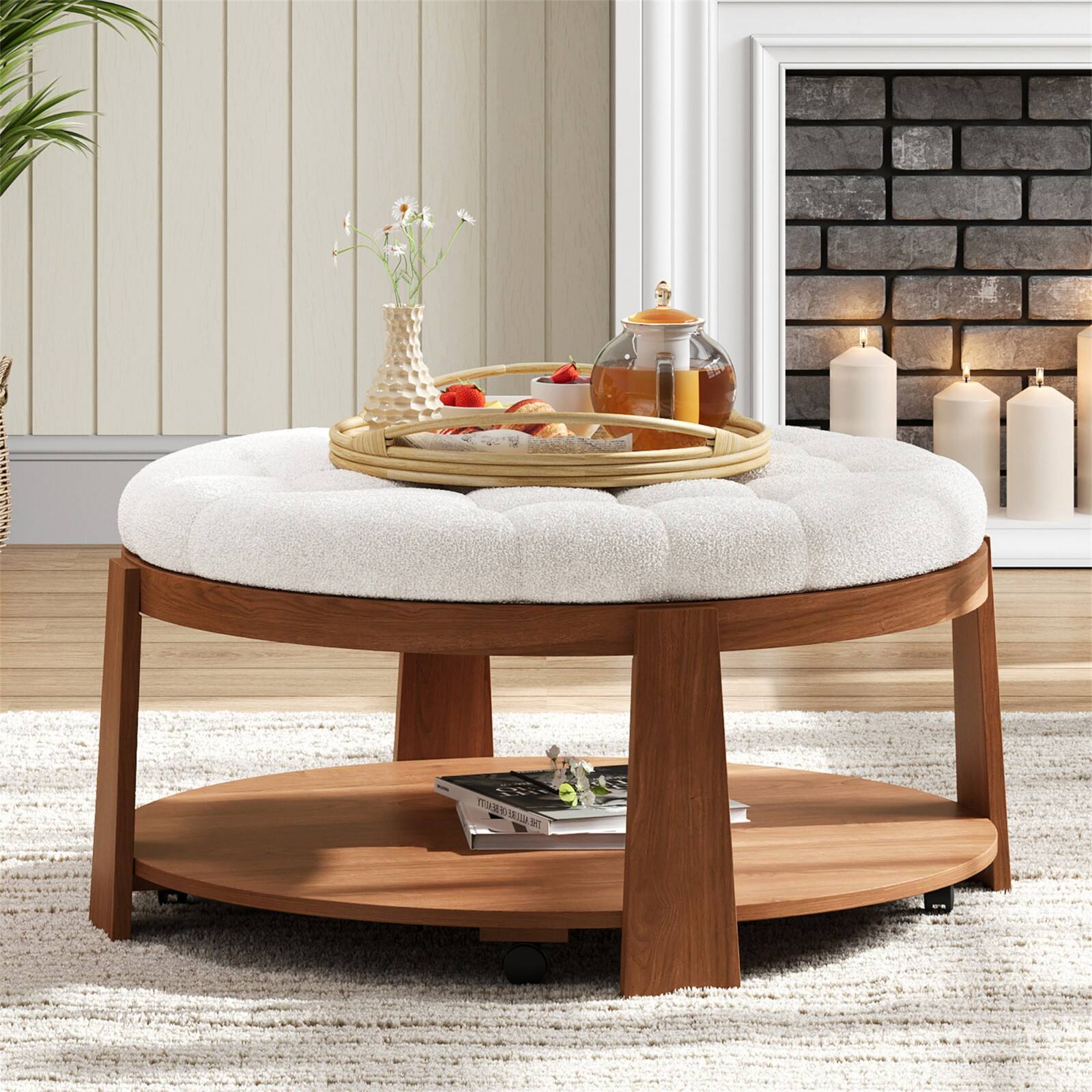 Alt View 1. Ecooso - Modern Large Round Ottoman Coffee Table， 2-Tier，Wood Shelf Storage Upholstered，waterproof Linen，for Living Room - Ivory White.