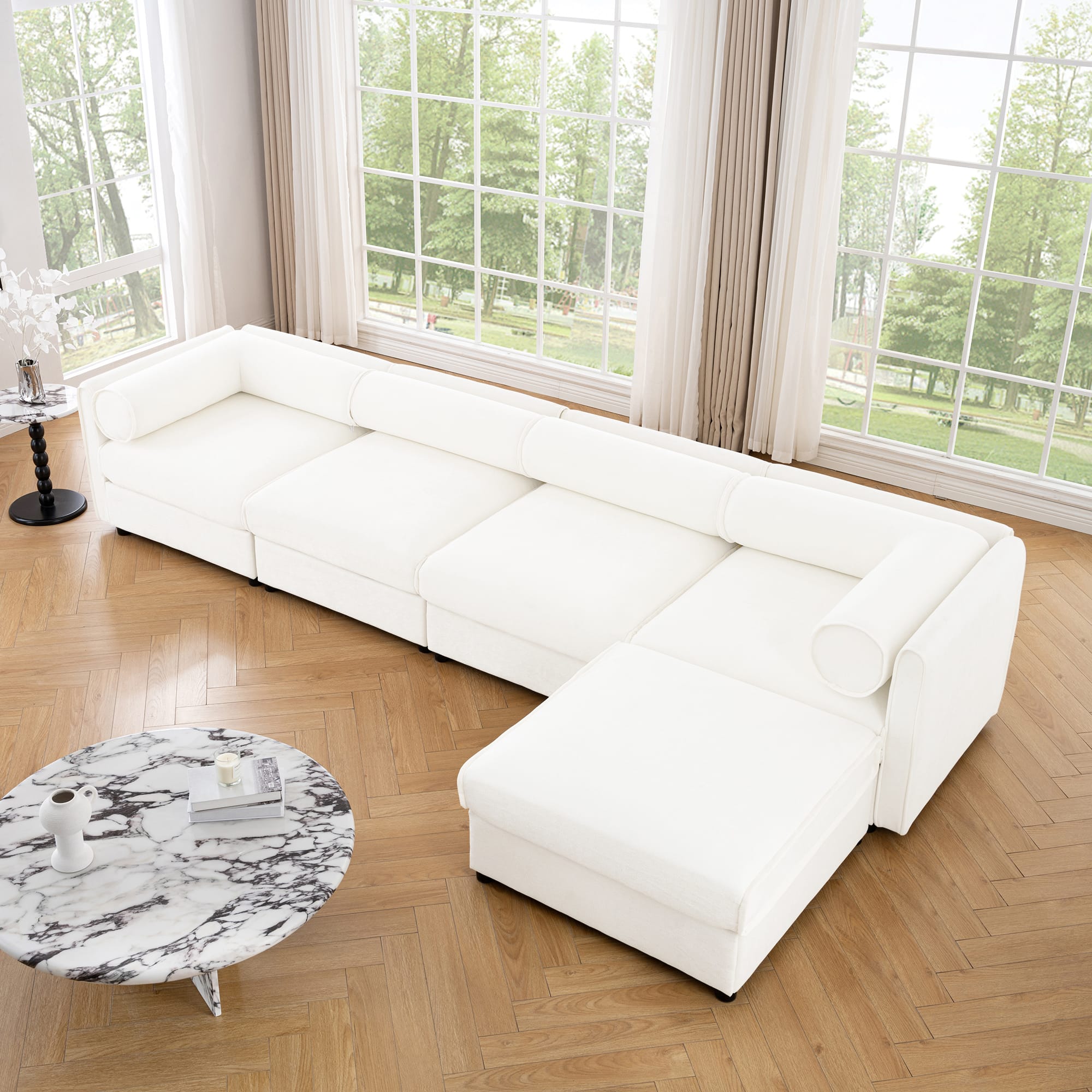 Anysun - Modular L-Shape 4-Seat Sectional Sofa with Storage - Cylindrical Backrest & Armrests, Deep Comfort Seating - White
