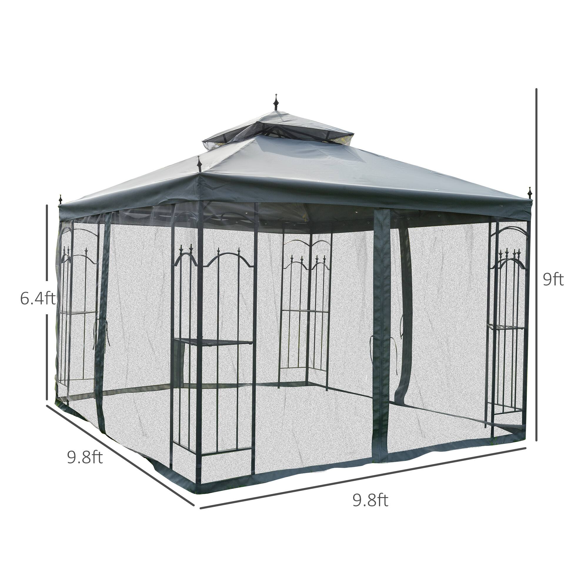 The dimensions of the gazebo are 9.8ft x 9.8ft x 6.4ft.