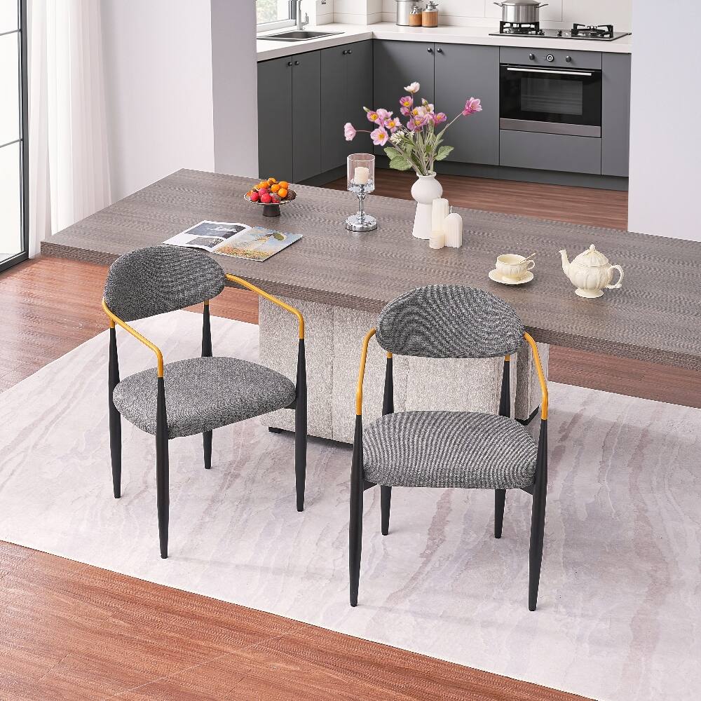 Left. Loheer - Loheer Modern Upholstered Dining Chairs Set of 2 Grey Fabric Ergonomic Seat Black Metal Frame Gold Armrests - Grey.