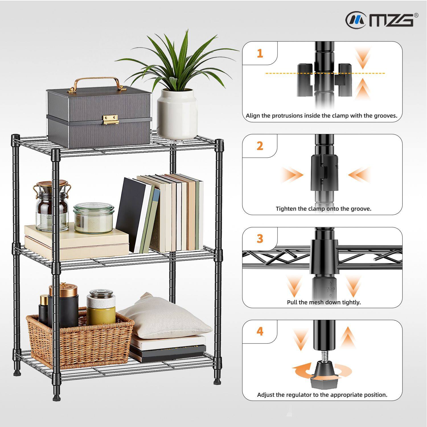 1. Align the protrusions inside the clamp with the grooves.
2. Tighten the clamp onto the groove.
3. Pull the mesh down tightly.
4. Adjust the regulator to the appropriate position.