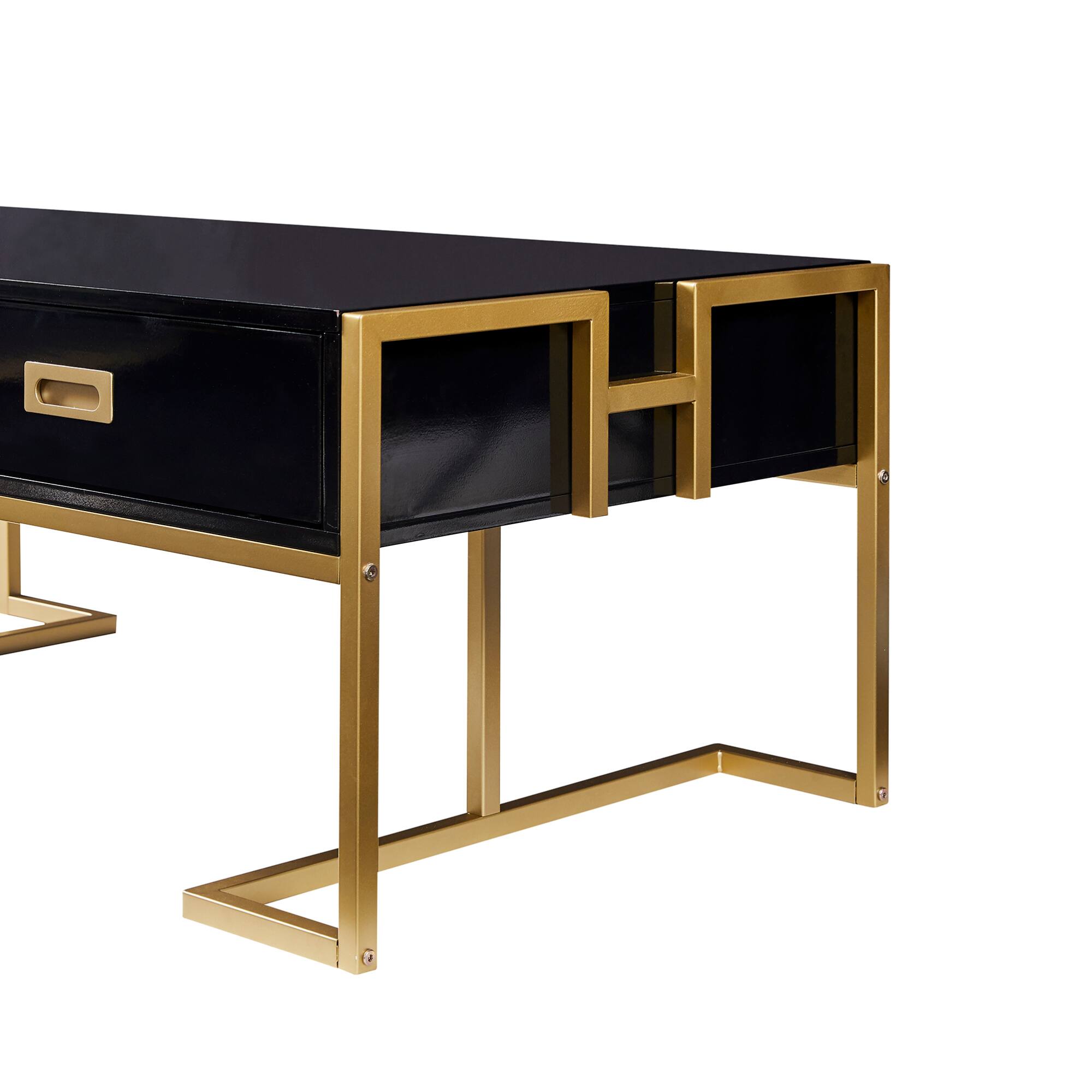 Alt View 7. GOODSILO - Modern Rectangular Coffee Table with Drawers and Metallic Base - Black+Gold.