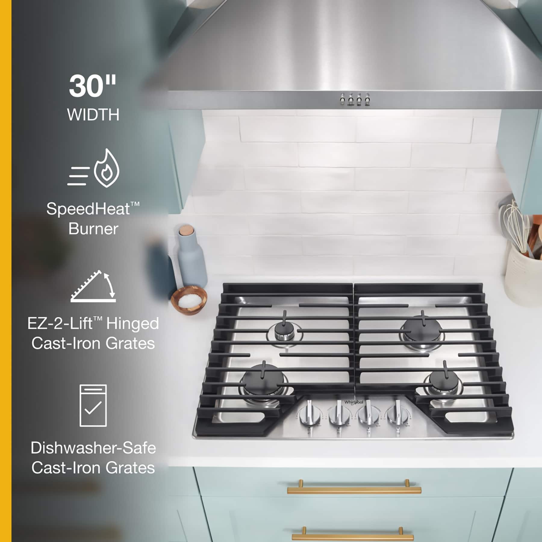The image features a stove top with a 30" width, SpeedHeat burner, EZ-2-Lift hinged cast-iron grates, and dishwasher-safe cast-iron grates.