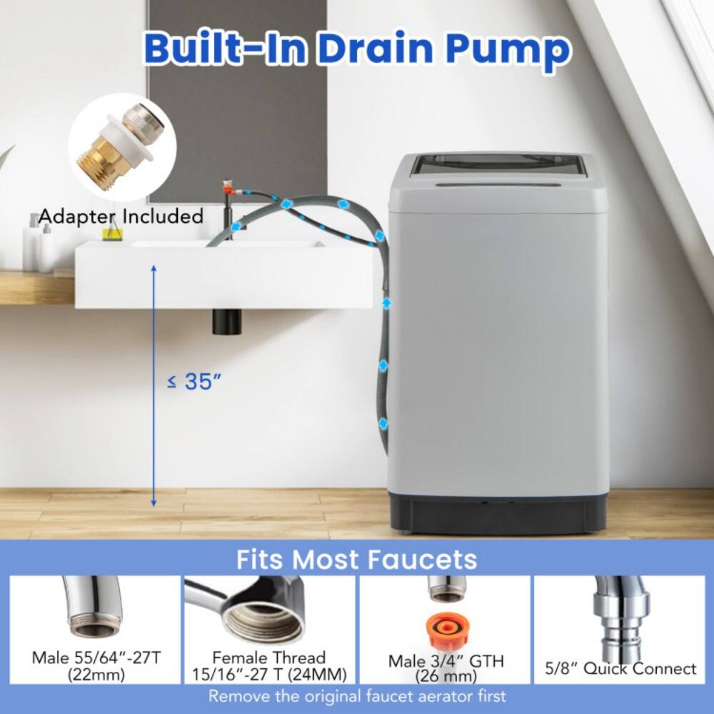 Built-In Drain Pump

Adapter Included

≤ 35"

Fits Most Faucets

- Male 55/64" -27T (22mm)
- Female Thread 15/16" -27T (24MM)
- Male 3/4" GTH (26 mm)
- 5/8" Quick Connect

Remove the original faucet aerator first