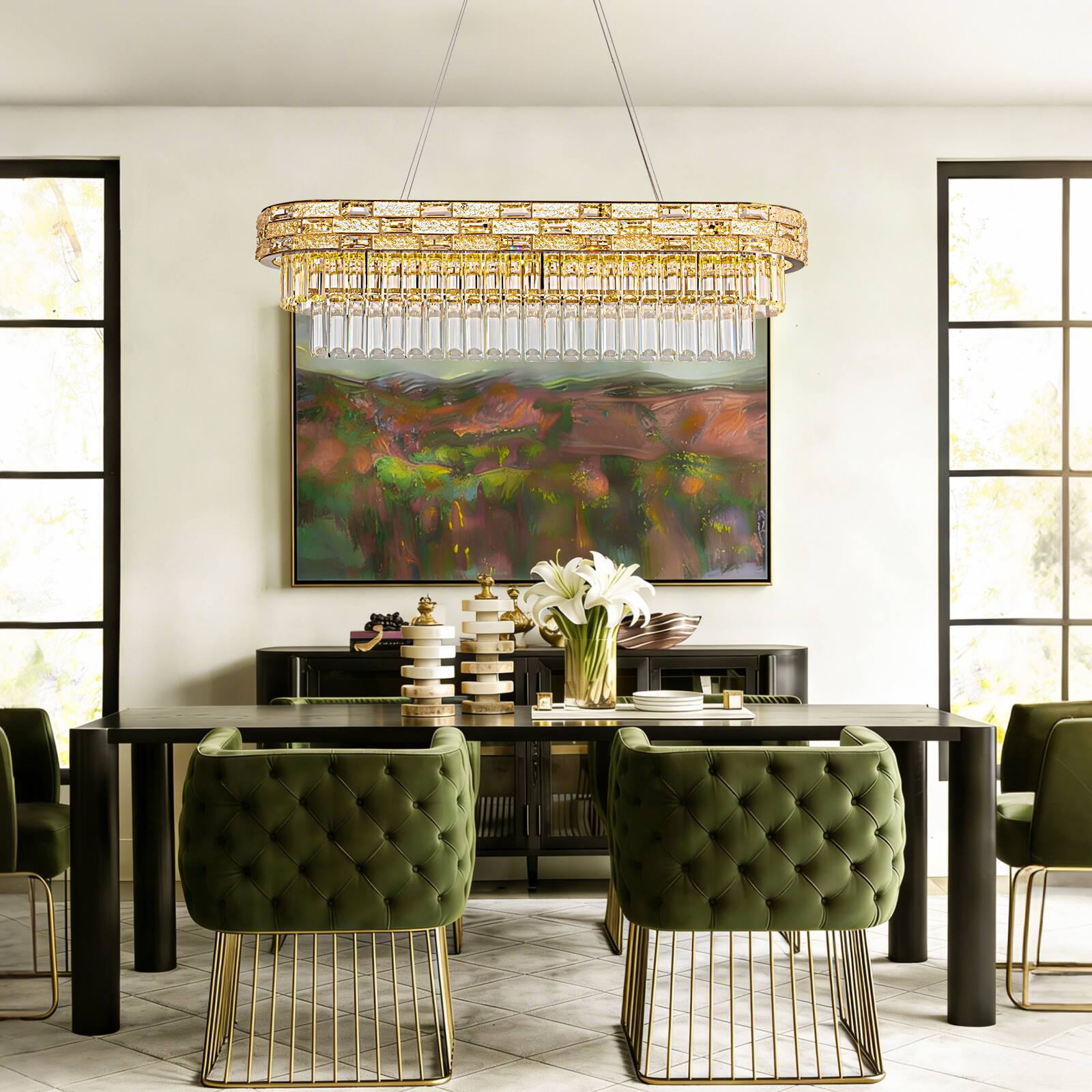 Alt View 1. Siljoy - 35.4 Inch 5-Tier Gold Crystal Chandelier Dimmable LED Rectangular Pendant Light for Dining Room and Kitchen Island - Gold.