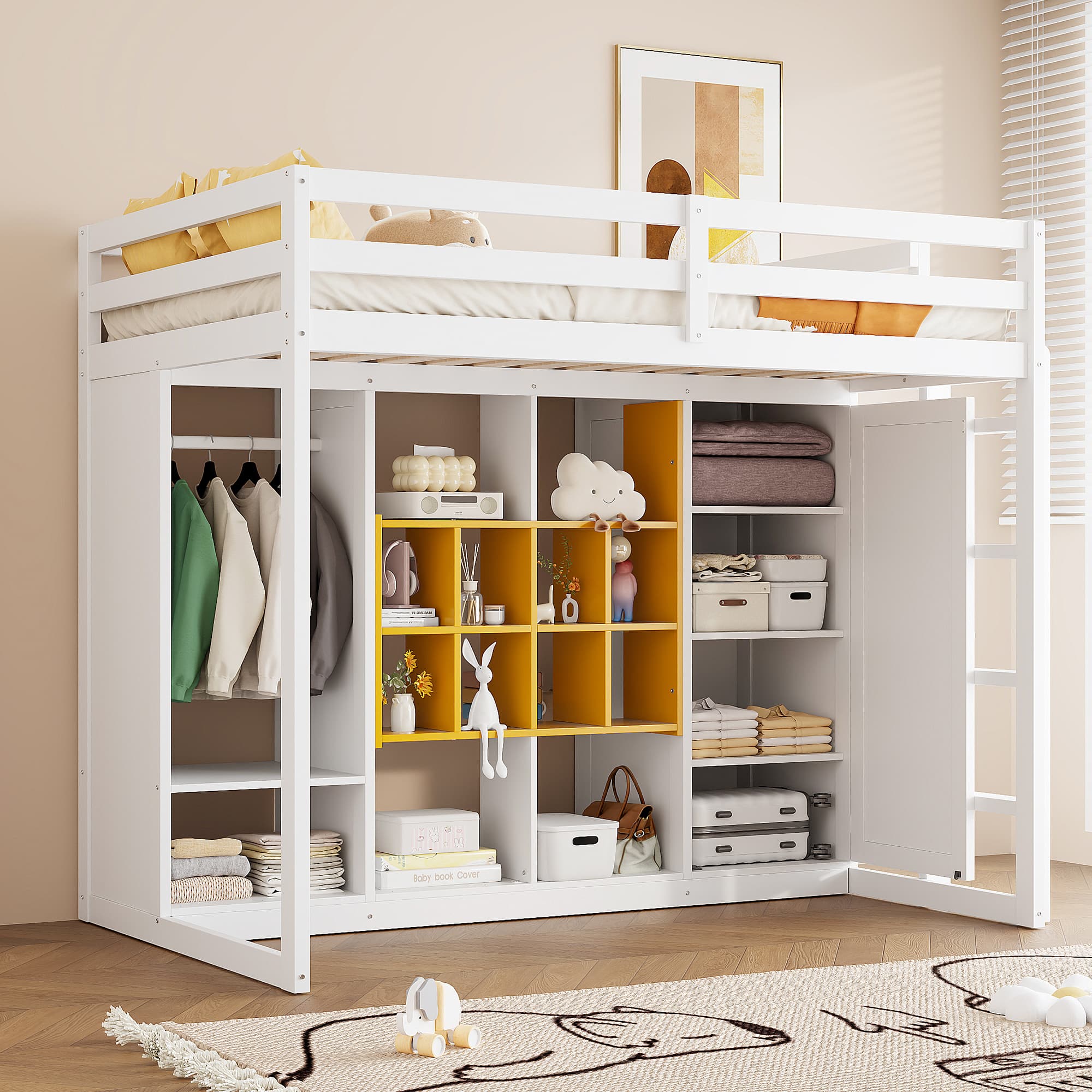 Anysun - Twin Size Wood Loft Bed with Wardrobe, shelves and Cabinet - White
