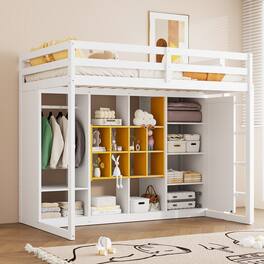 Anysun - Twin Size Wood Loft Bed with Wardrobe, shelves and Cabinet - White