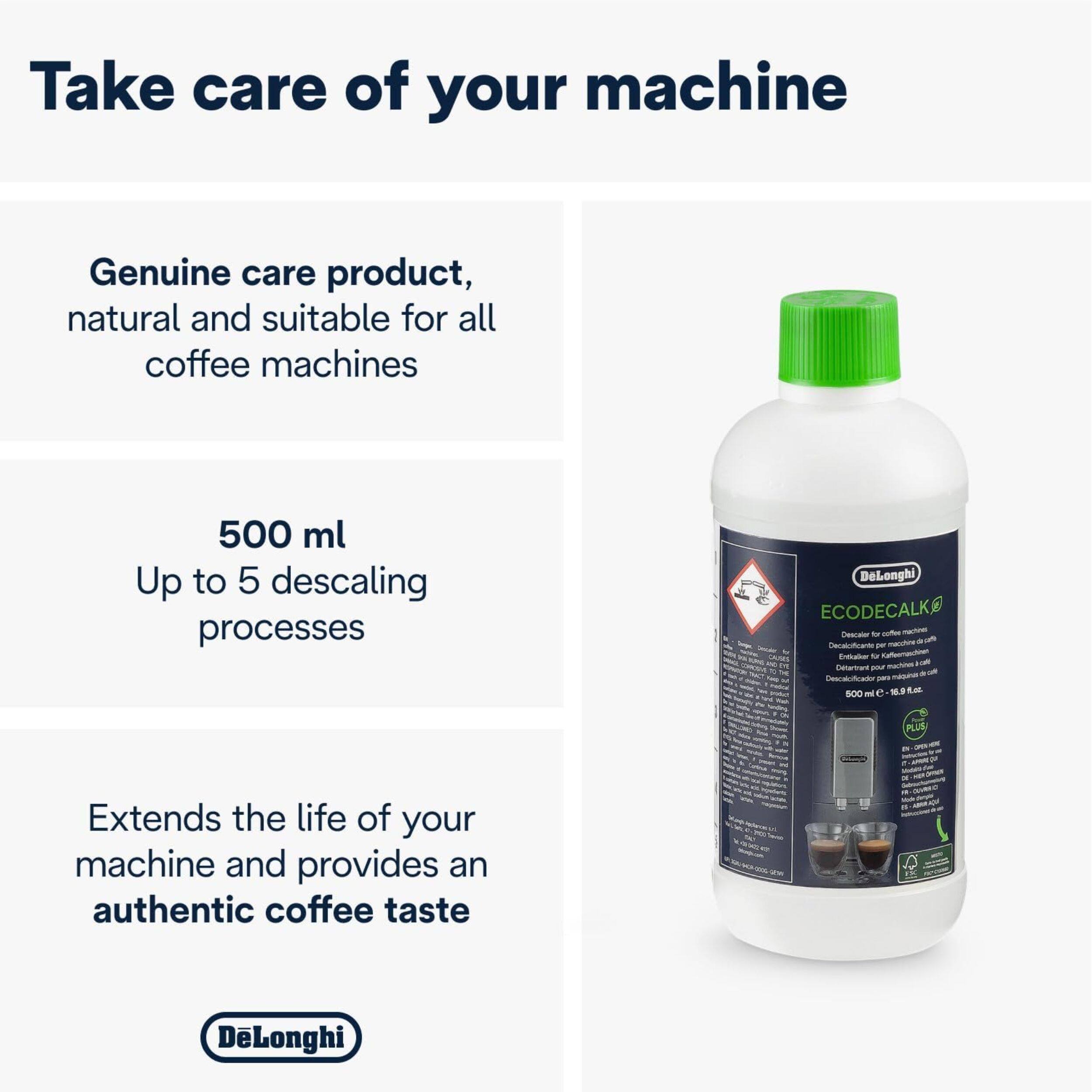 Take care of your machine

Genuine care product, natural and suitable for all coffee machines

500 ml
Up to 5 descaling processes

Extends the life of your machine and provides an authentic coffee taste

DeLonghi