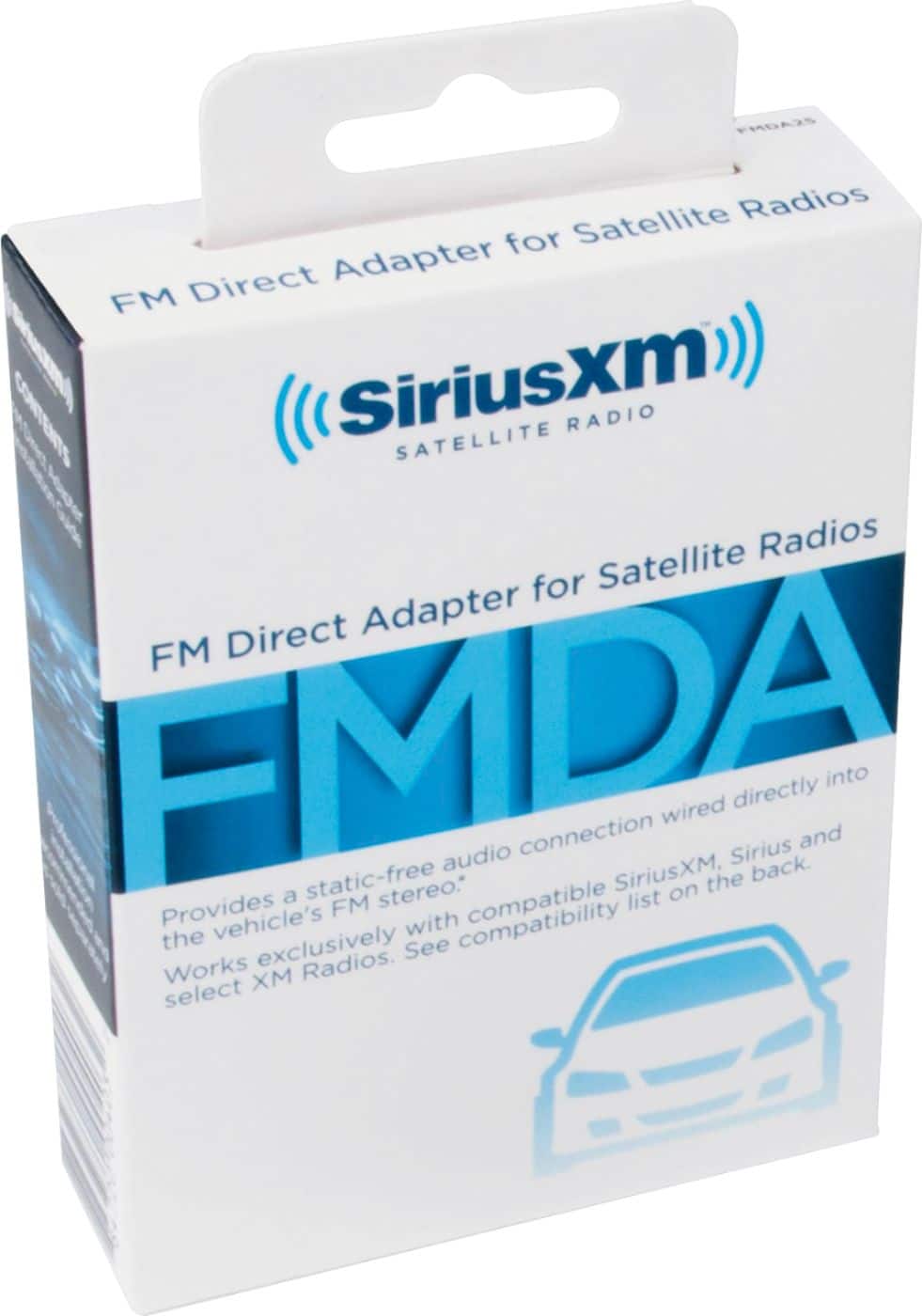 The text on the image is grouped and corrected as follows:
"This package contains a Direct Adapter FM for SiriusXM Satellite Radio. It provides a static-free FM stereo audio connection directly to the vehicle's radio and into the SiriusXM Satellite Radio. This adapter is compatible with SiriusXM Satellite Radios and works exclusively with SiriusXM Satellite Radios. See the included instructions for a complete list of compatible vehicles."