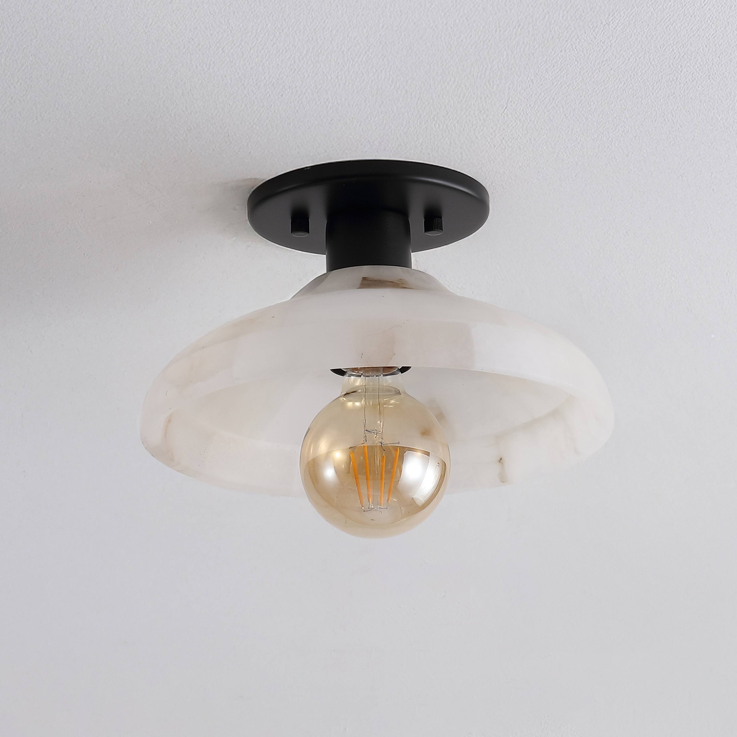 Alt View 5. Jonathan Y - Amara 10" 1-Light Mid-Century Classic Alabaster/Iron LED Semi Flush Mount, White/Black - Black/White.
