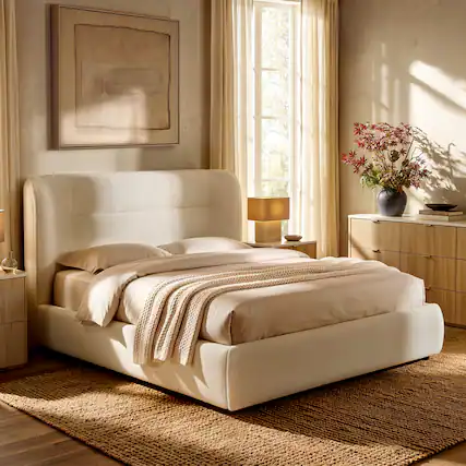 Front. ModernMate - Upholstered Bed with High Headboard and Footboard Solid Wood Base Platform Beds - Beige.