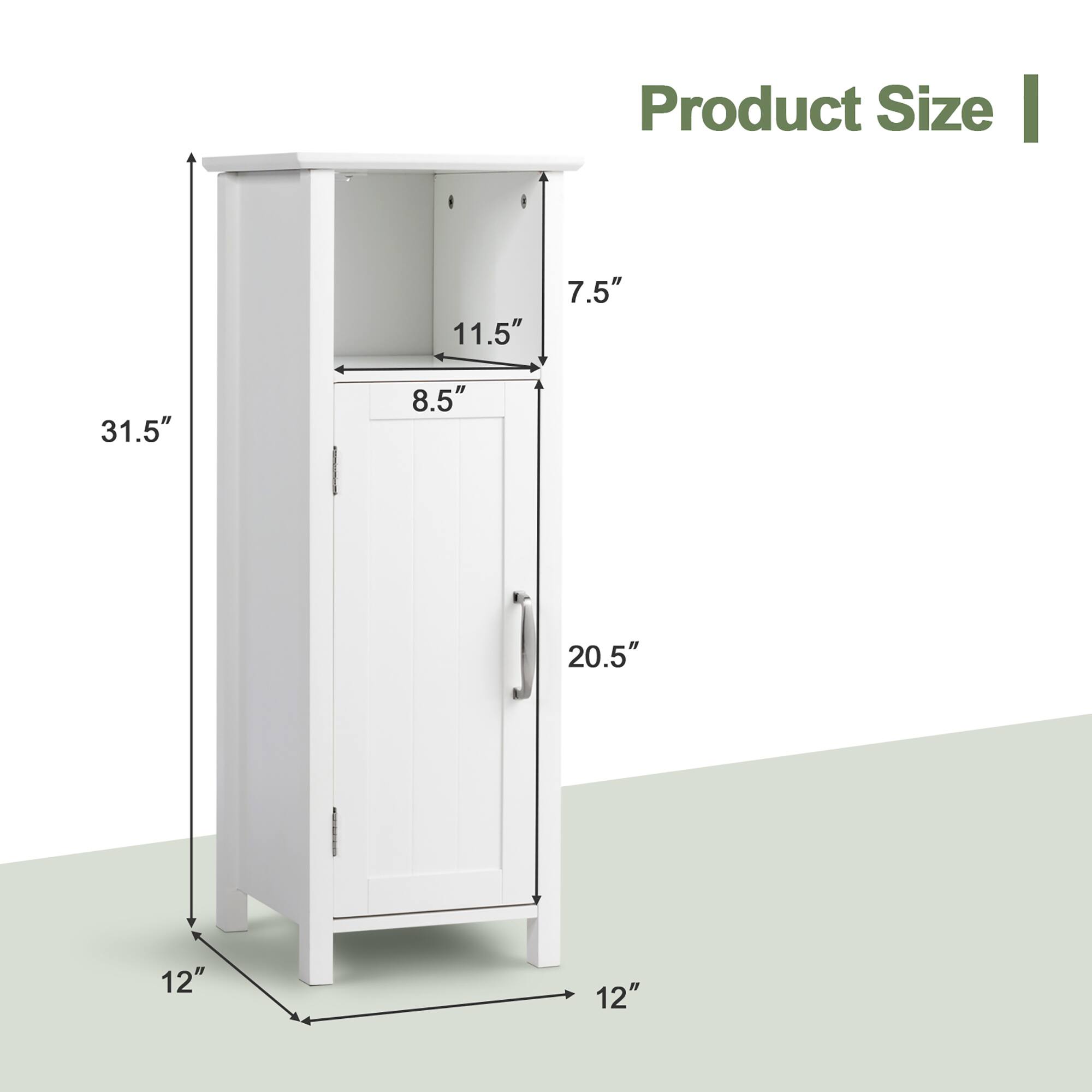 Product Size

- Height: 31.5"
- Width: 20.5"
- Depth: 12"
- Door Height: 8.5"
- Door Width: 12"
- Shelf Height: 11.5"
- Shelf Depth: 7.5"