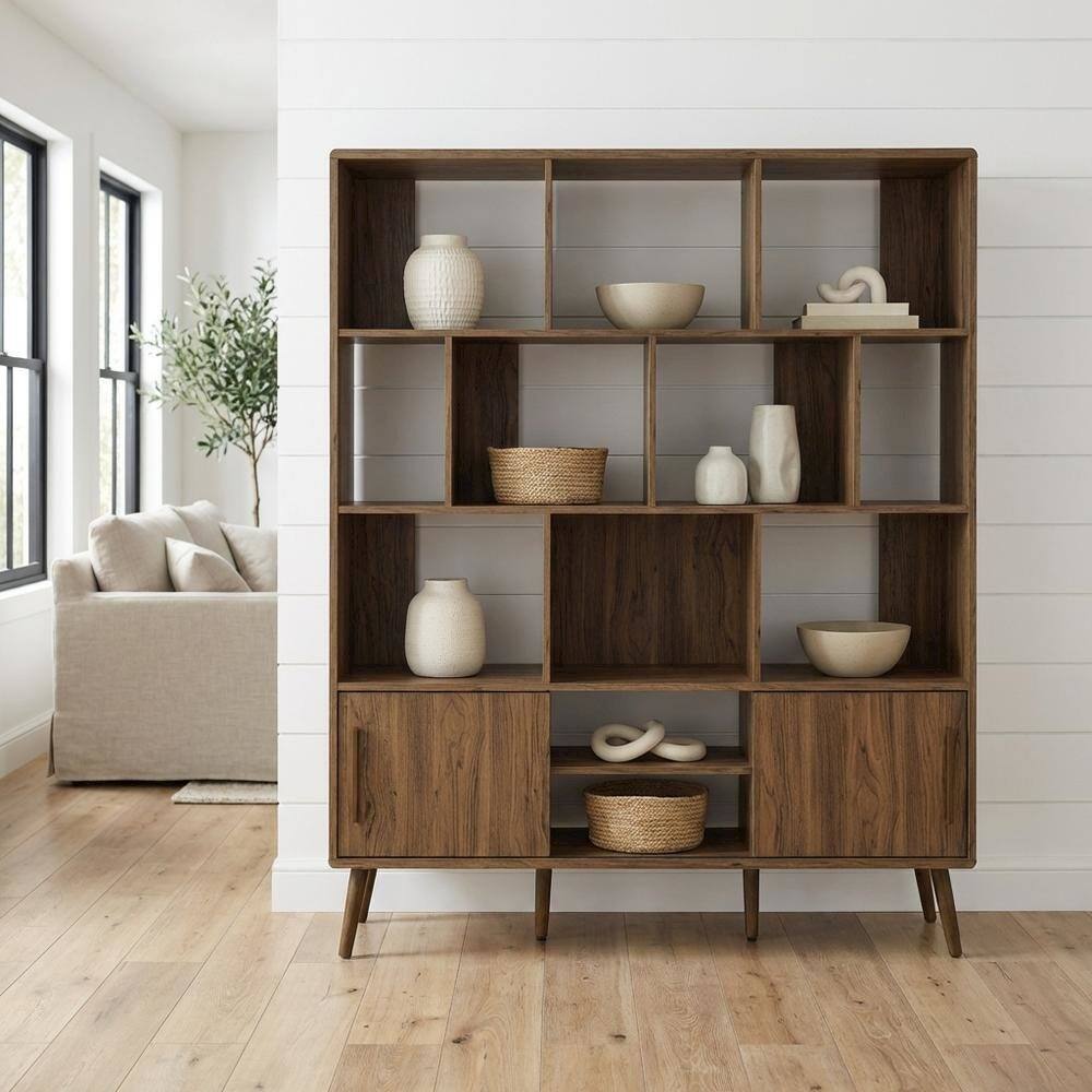 Angle. FurniFact - Wooden Bookcase with Sliding Doors and Contemporary Design - Brown.