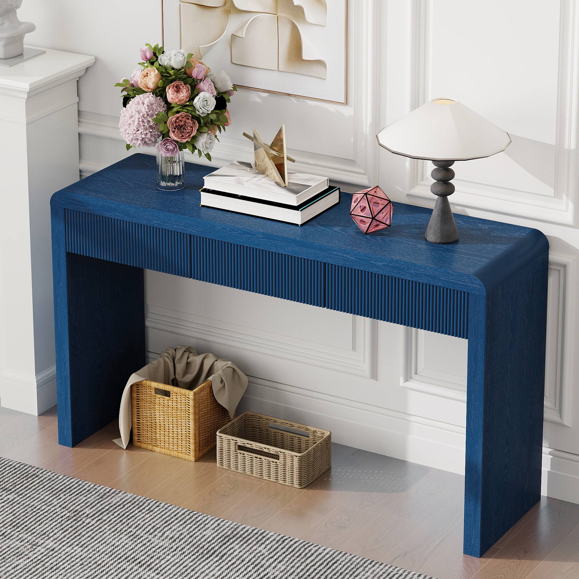 Alt View 6. Spaco - Spaco Rustic Aesthetic Console Table, 3 Fluted Drawers with Solid Wood Veneer and Natural Grain for Living Room Hallway - Navy.