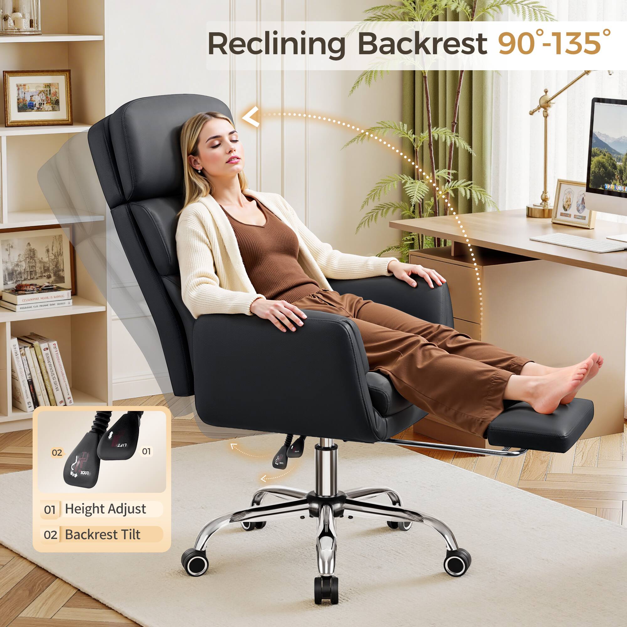 Reclining Backrest 90°-135°

01 Height Adjust
02 Backrest Tilt