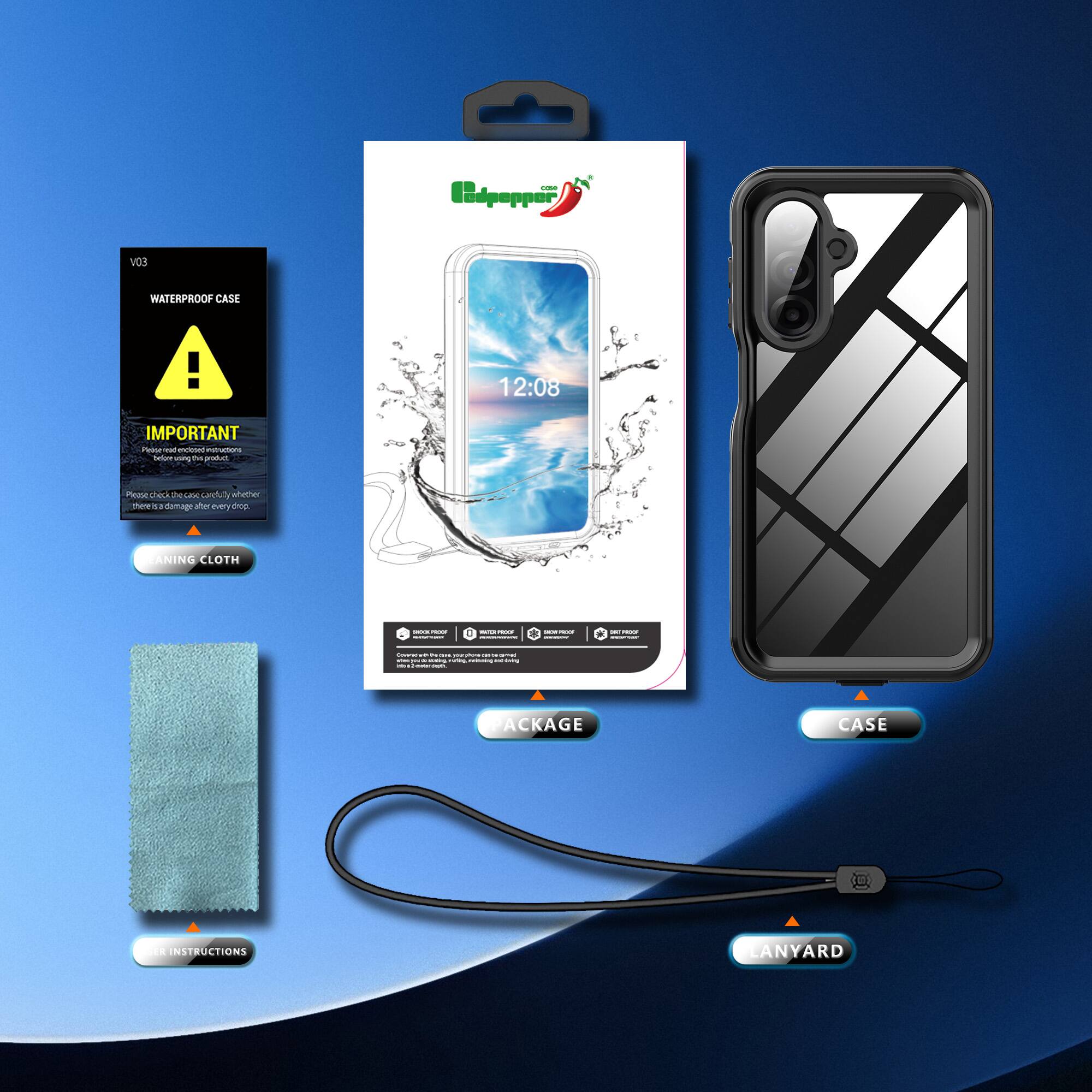 Pdpepper vos WATERPROOF CASE!  
12:08 IMPORTANT  
Hgasa - eternd n nelus - t prdus  
Pead heo mhe L Lerk cee r 2 demage afer 1 daa  
ANING CLOTH  
I : - i : !  
I : I I e : . 3 I - : - : - I I - -  
ACKAGE CASE  
SR INSTRUCTIONS LANYARD  

---

**Corrected Text:**

Pdpepper vos WATERPROOF CASE!  
12:08 IMPORTANT  
Please check the base carefully whether there is a damage after every drop.  
ANING CLOTH  
ACKAGE CASE  
SR INSTRUCTIONS LANYARD