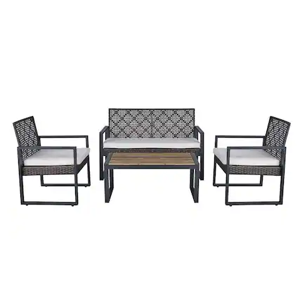 Front. Mondawe - 4-Piece Patio Furniture Set Acacia With Wood Table Top and Beige Cushion - Brown.