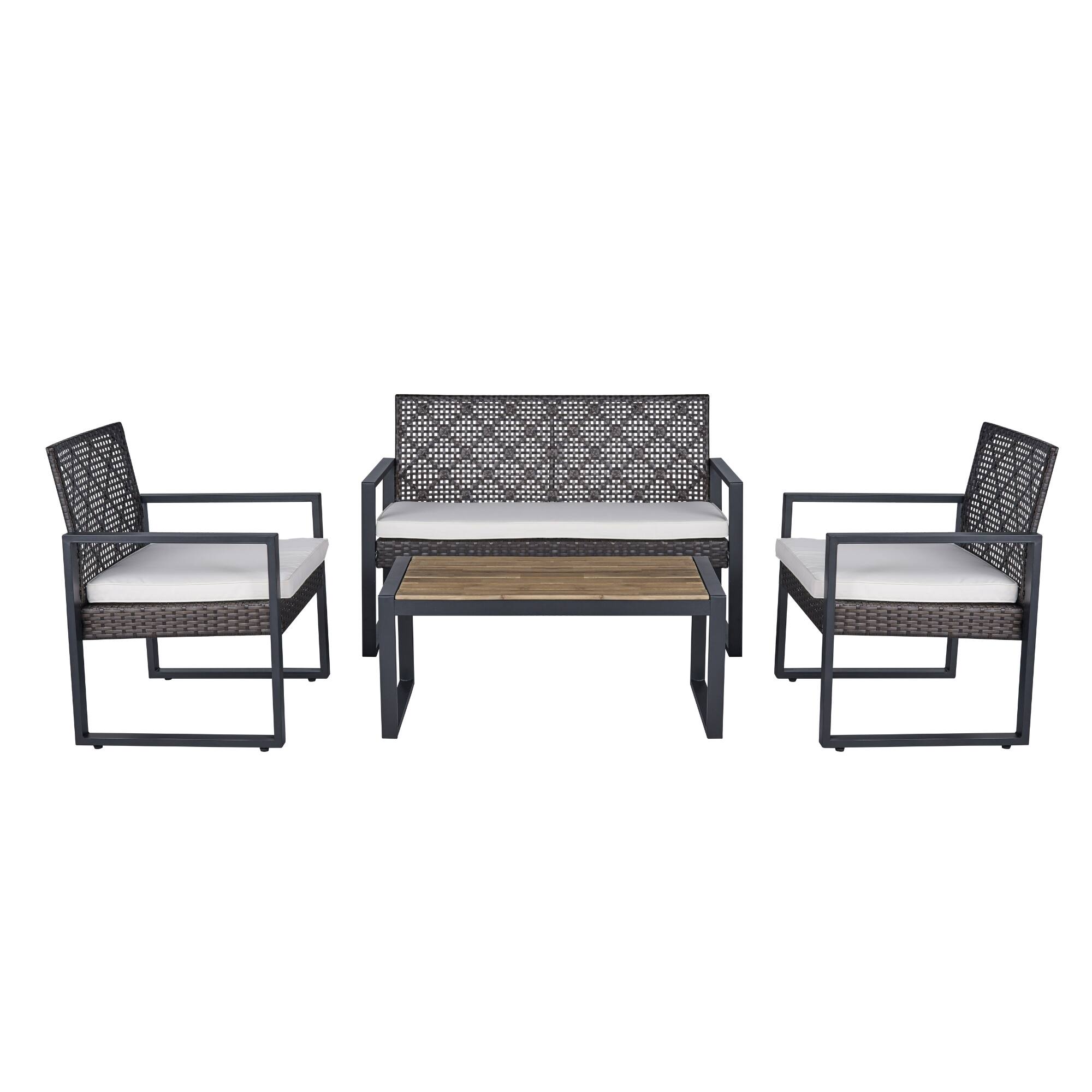 Left. Siljoy - 4-Piece Patio Set, Acacia Wood Tabletop, Brown & Beige Cushions - Brown.