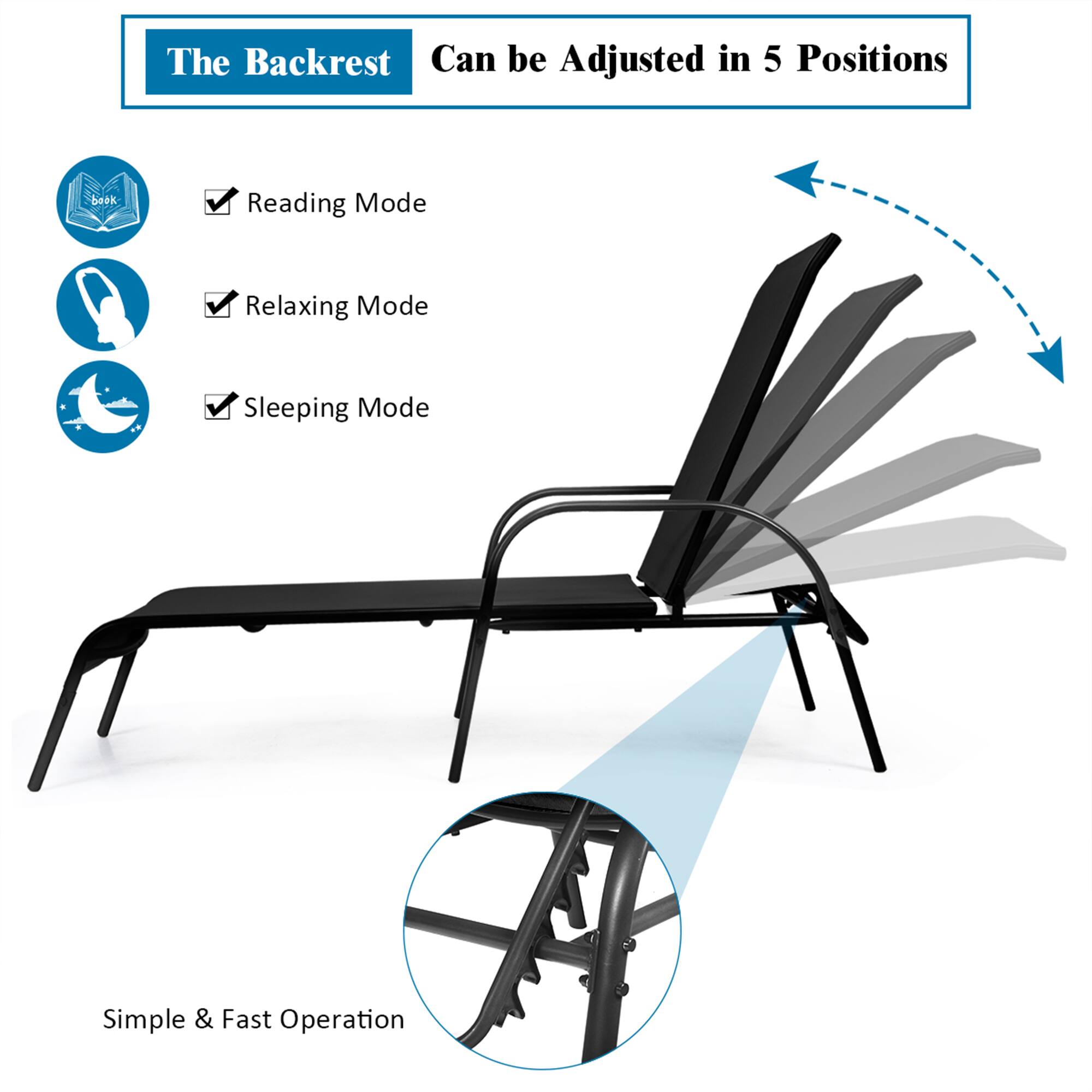 The Backrest Can be Adjusted in 5 Positions

Reading Mode
Relaxing Mode
Sleeping Mode
Simple & Fast Operation