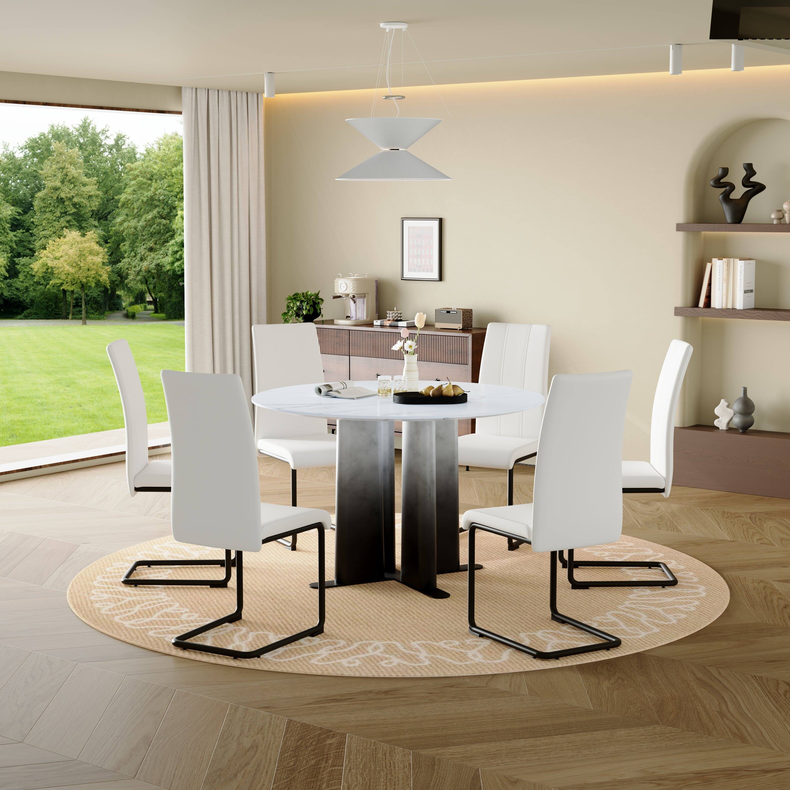 Back. Loheer - Loheer- 3.94ft Round Faux Marble Dining Table Modern Compact Kitchen Table with Cross Base for Small Spaces - White.